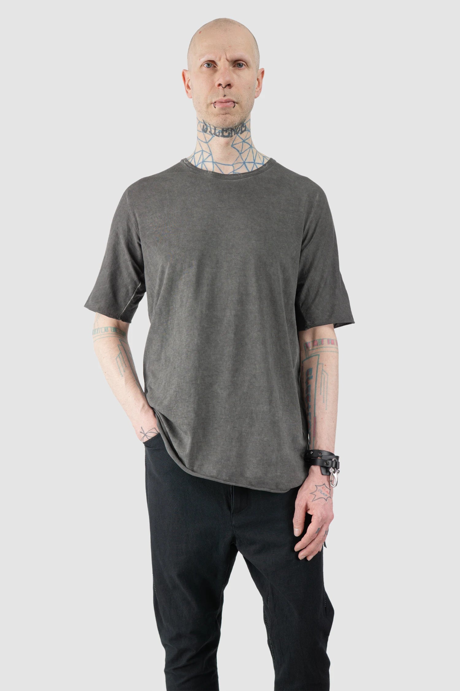 69 by Isaac Sellam - Men’s Grey Object Dyed Leather Spine Short Sleeve Tee model relaxed view