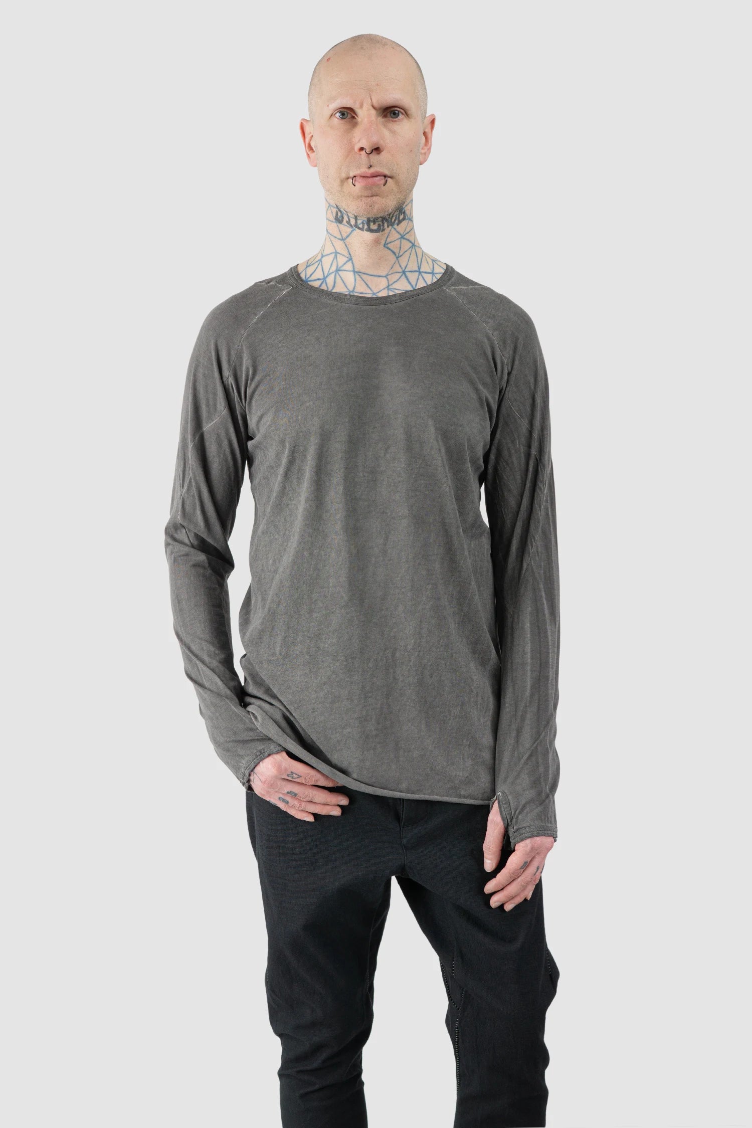 69 by Isaac Sellam - Men’s Grey Organic Cotton Raglan Long Sleeve model relaxed view