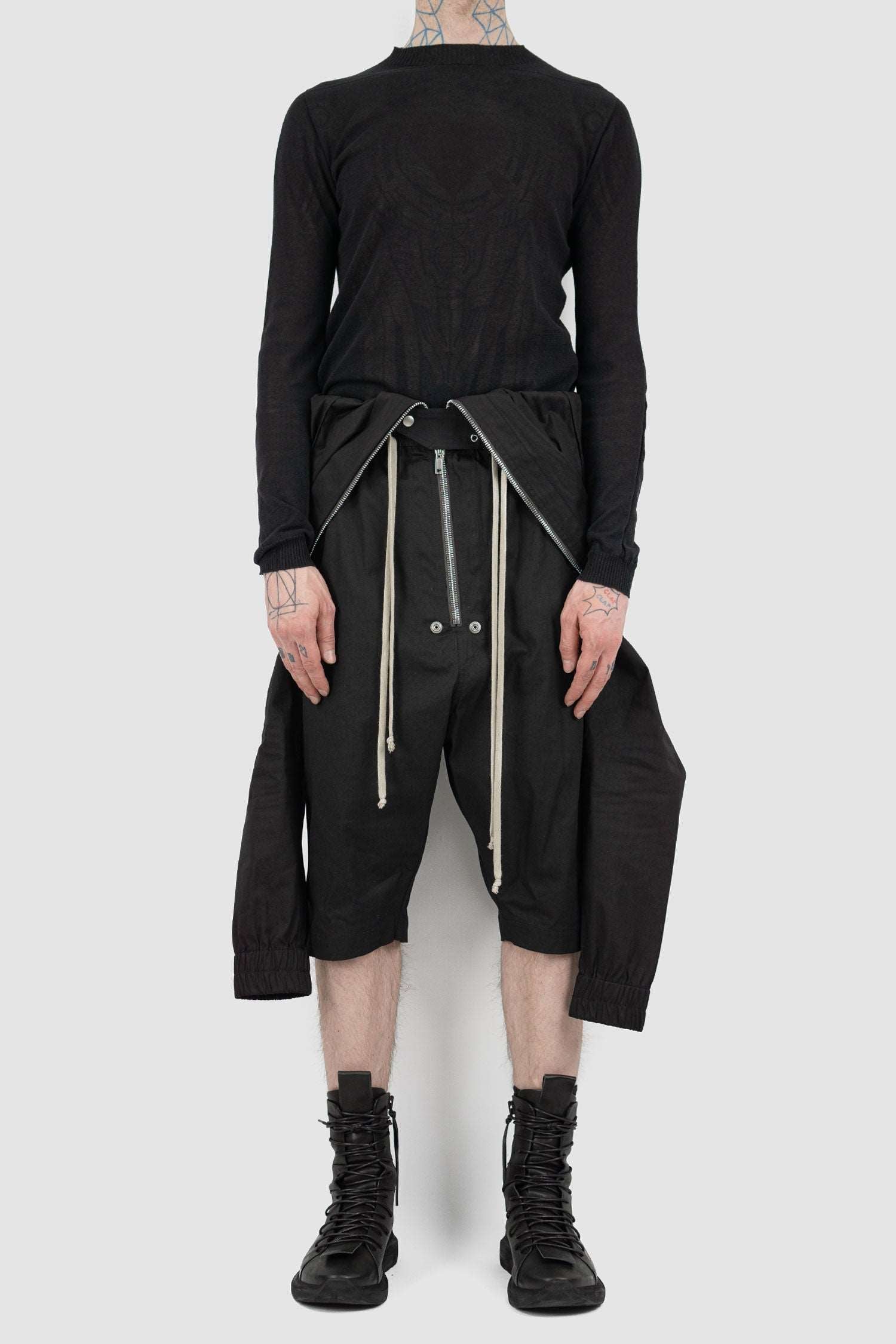 Rick Owens Black Cotton Blend Flight Bodybag for Men from the SS21 Runway with Long Zipper and Elastic Waistband, unwrapped.