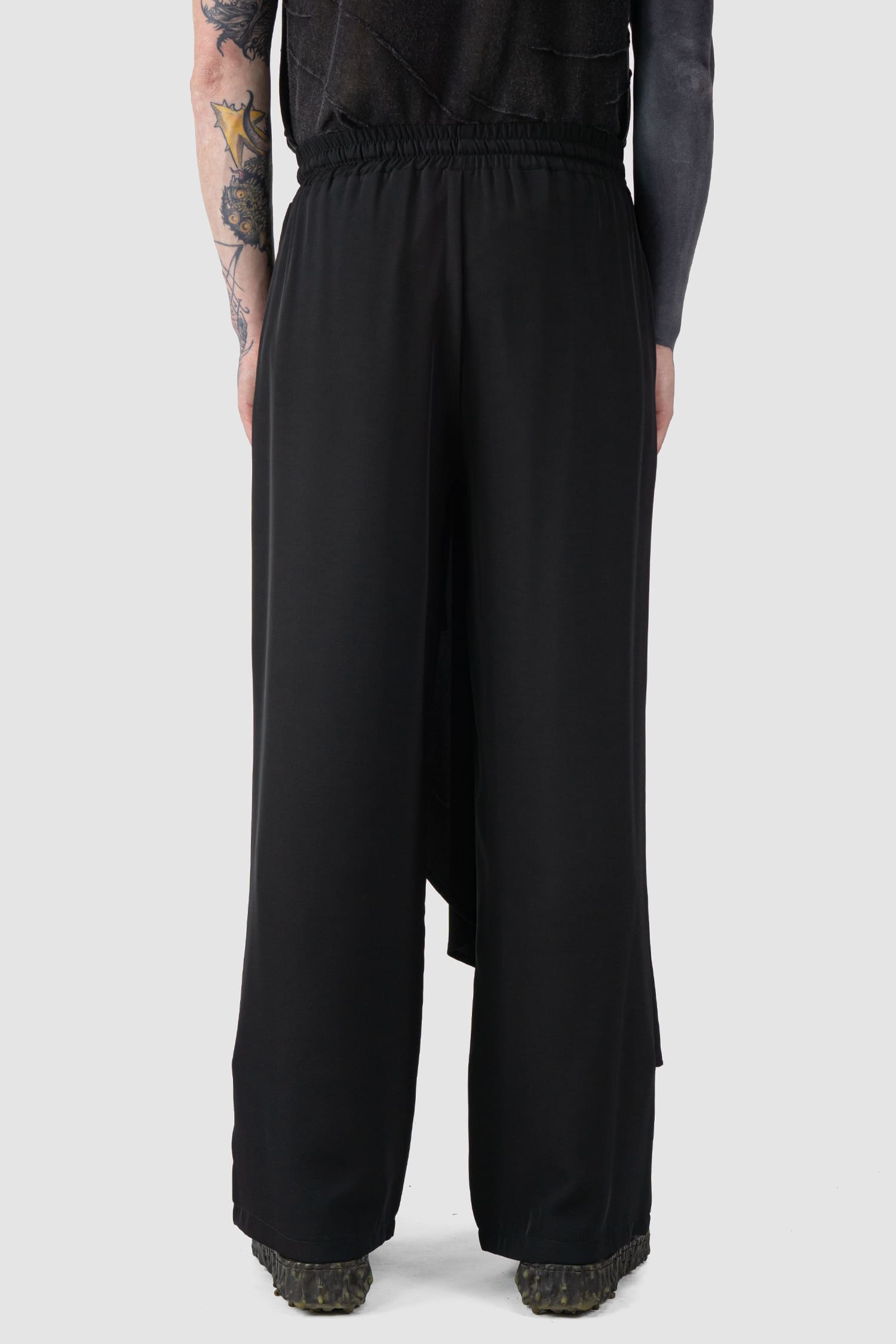 La Haine Inside us - back view of Black Asymmetrical Draped Wide-Leg Wrap Trousers
