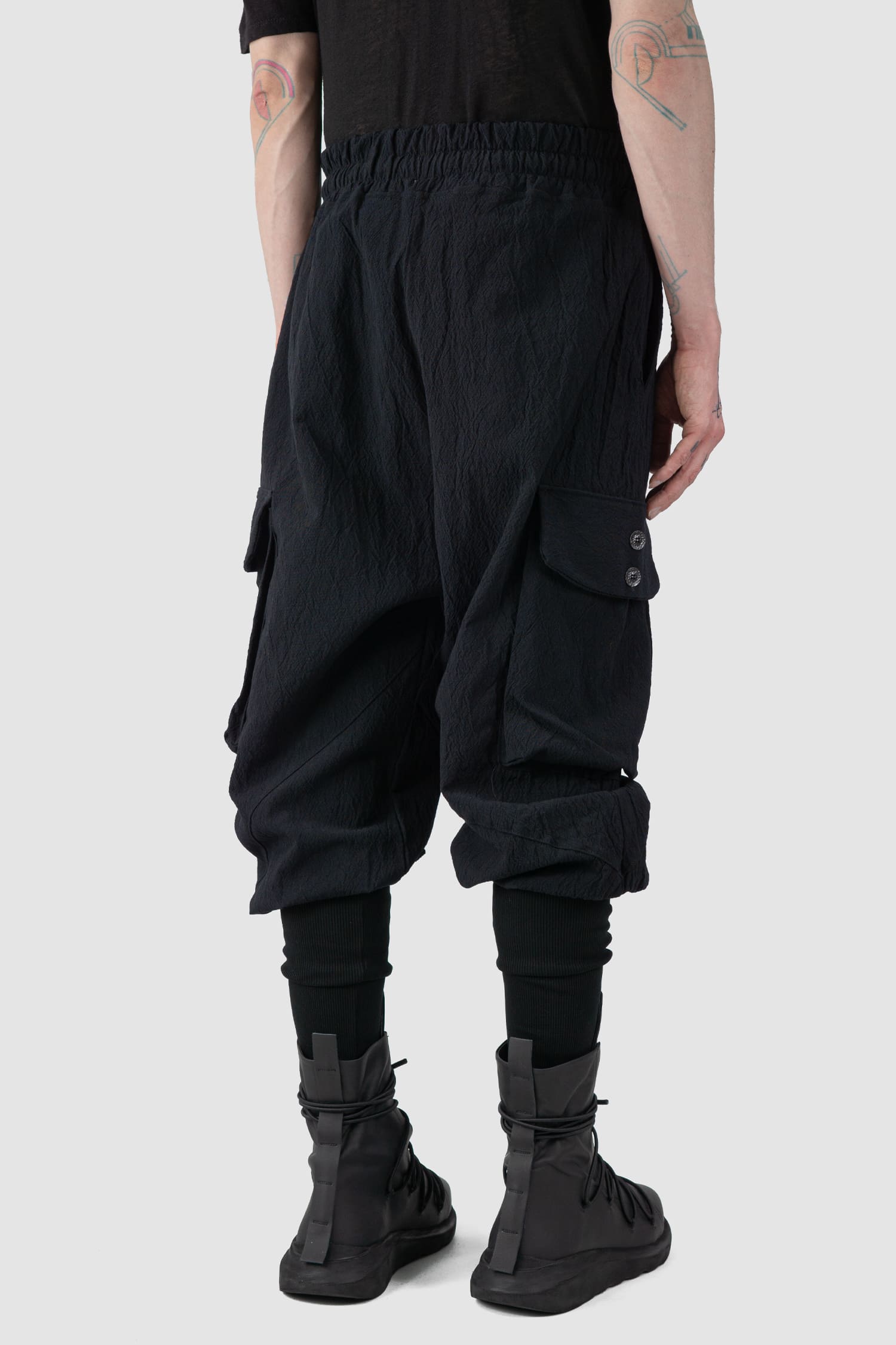 La Haine Inside Us - back side view of black Buffed Cotton Jacquard Cargo Trousers