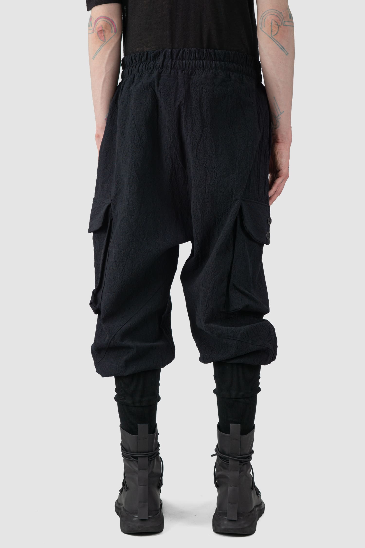 La Haine Inside Us - back view of black Buffed Cotton Jacquard Cargo Trousers