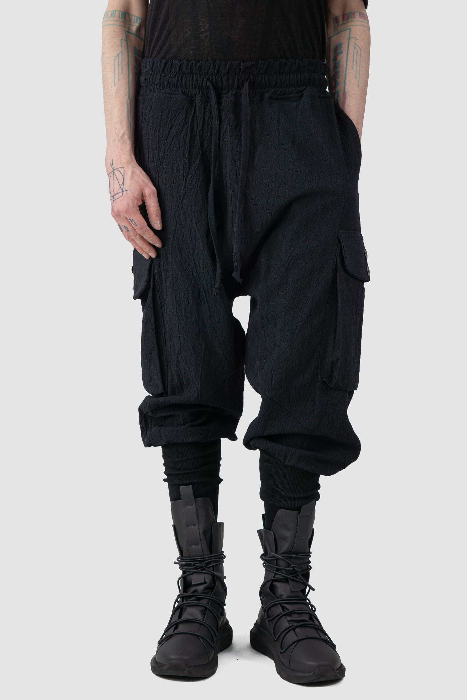 La Haine Inside Us - front relaxed view of black Buffed Cotton Jacquard Cargo Trousers
