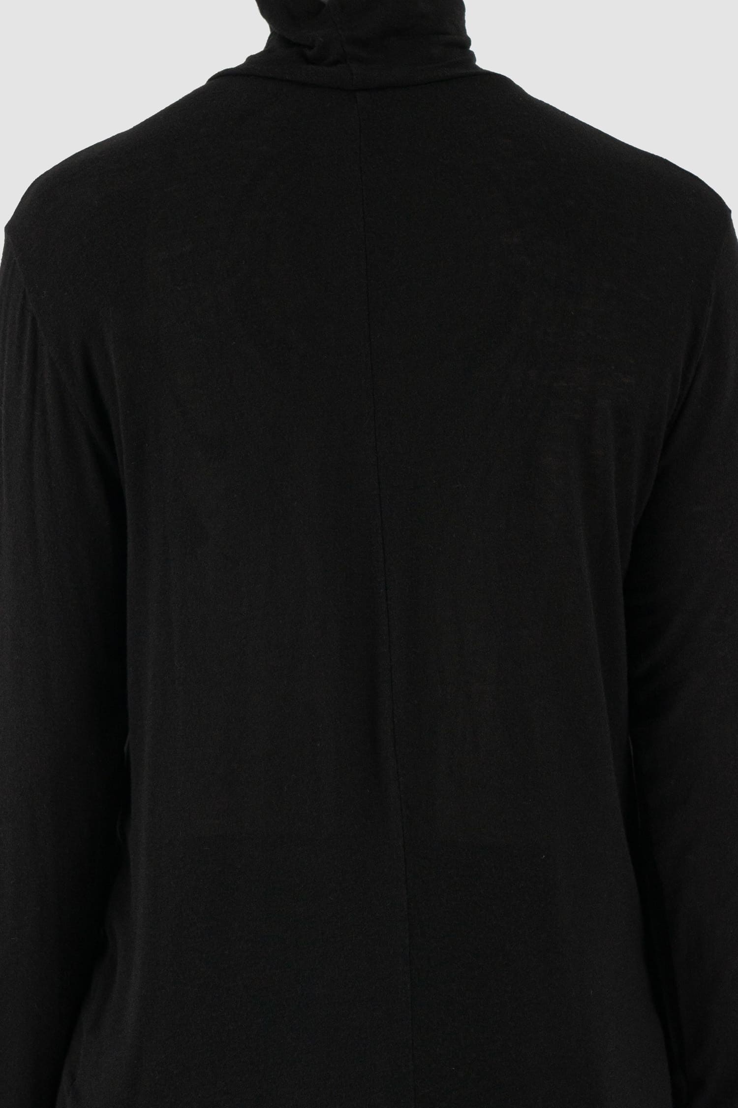 La Haine Inside Us - back detail view of black high neck wool and viscose blend sweater for men from the FW24 collection with extra long sleeves, center back seam and a light and soft touch.