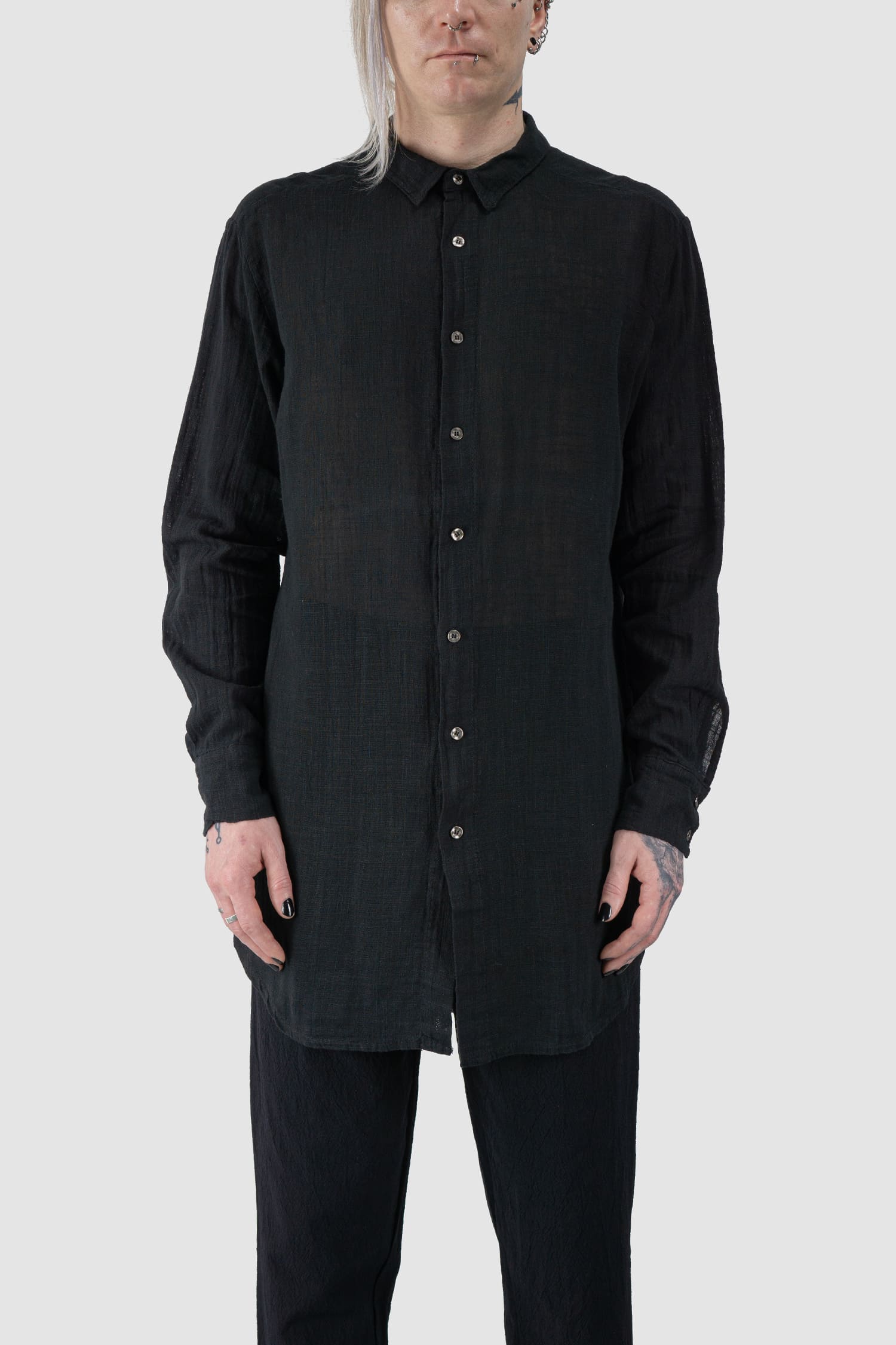 Black Long Lightweight Cotton Gauze Long Sleeve Shirt