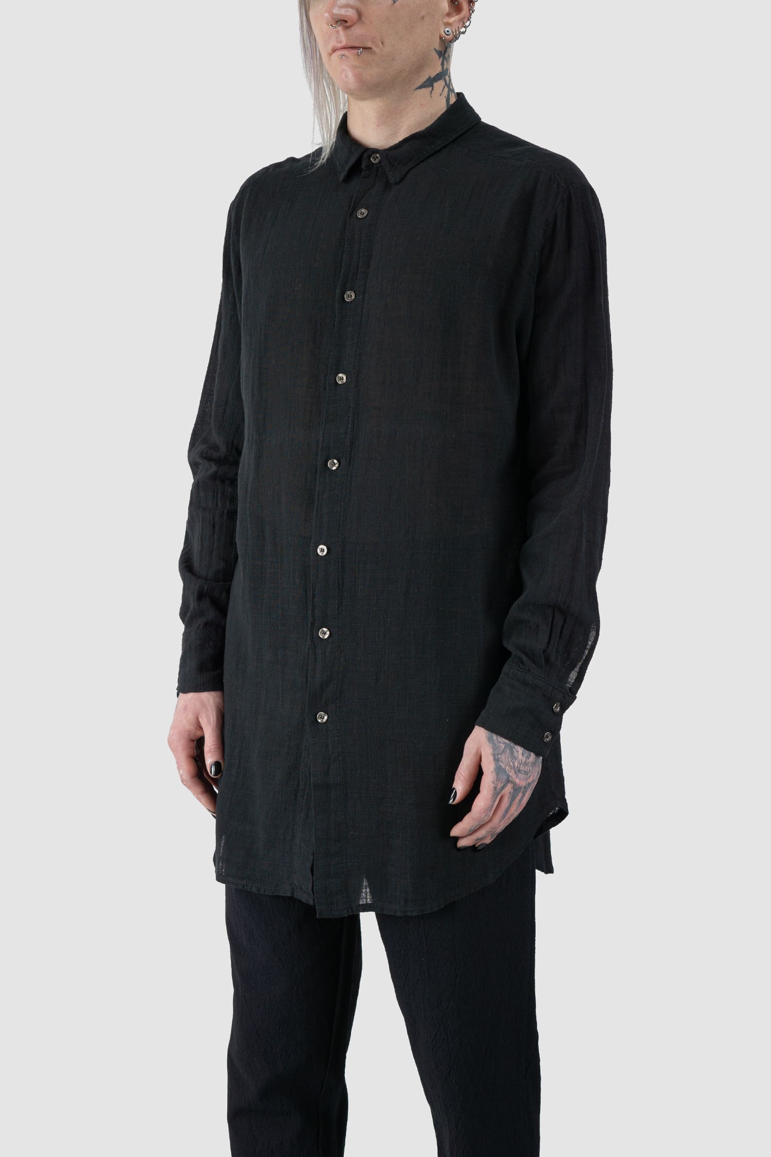 Black Long Lightweight Cotton Gauze Long Sleeve Shirt