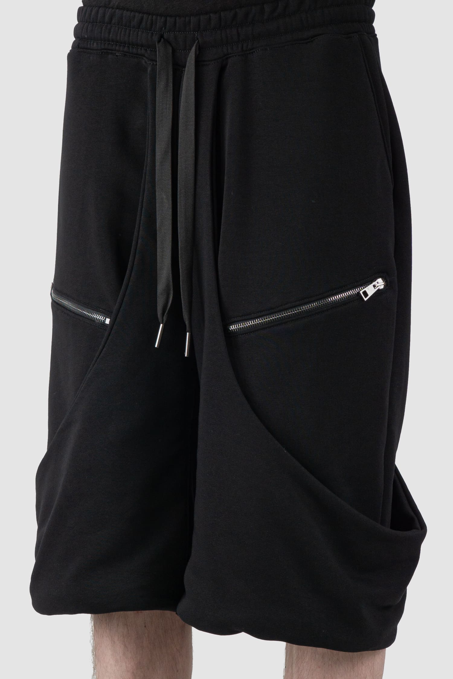 La Haine Inside Us - front detail view of black Relaxed Wrapped Panel Sweat Shorts