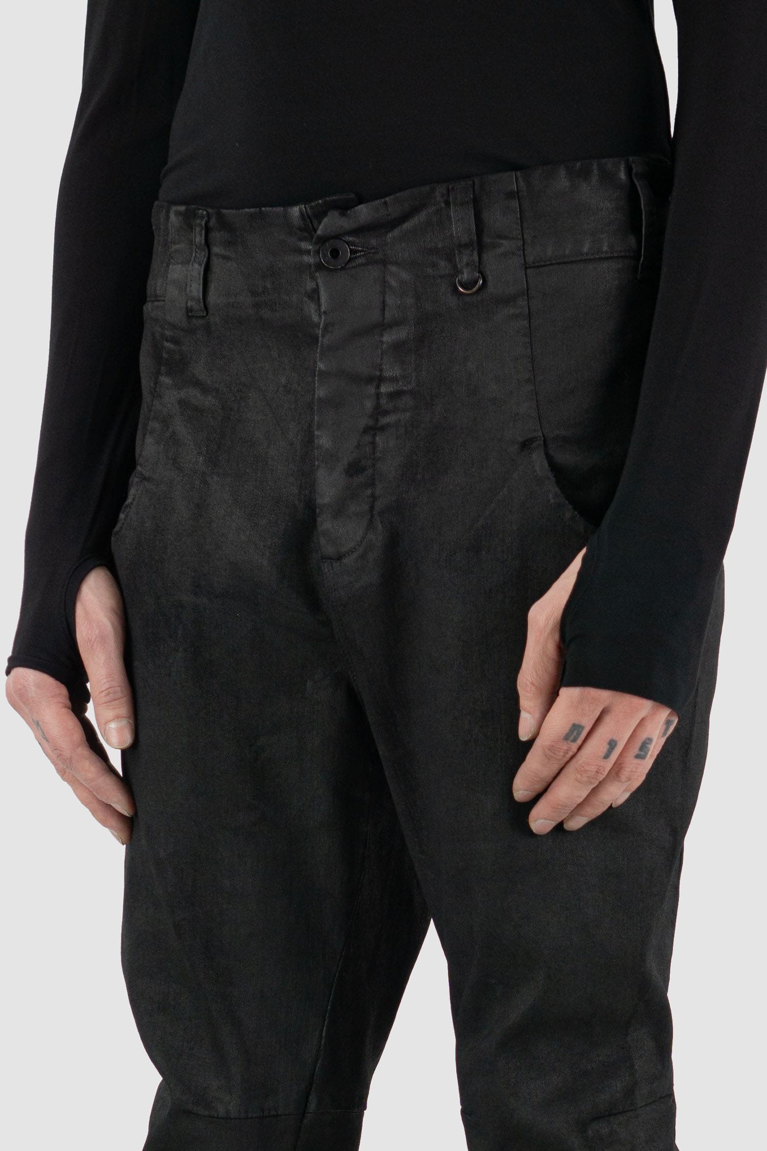 Leon Louis - Front detail view of black waxed Xeon shaped line denim jeans, slim fit, men's Permanent Collection.