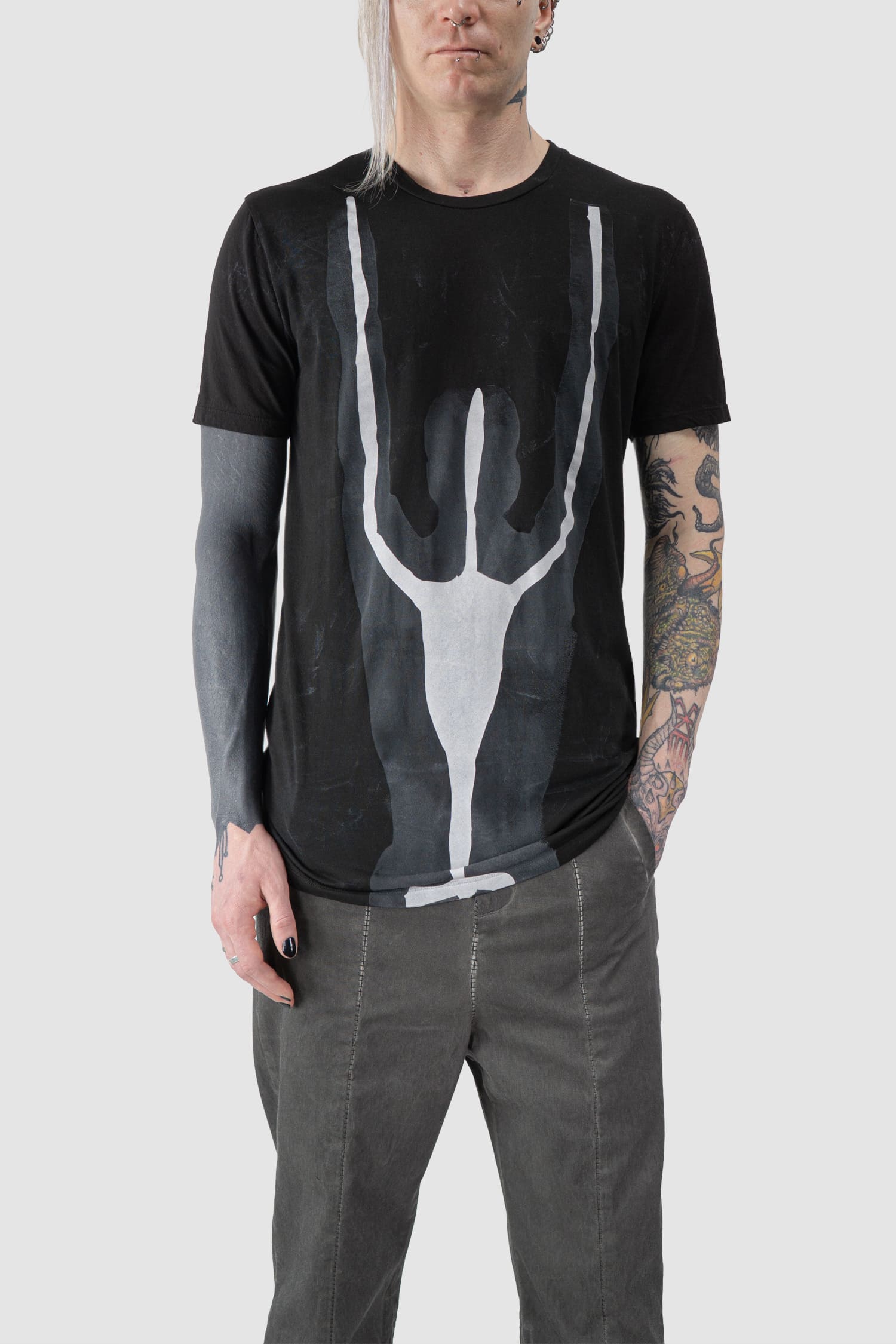 MD75 - relaxed model view of black Abstract Print and Dyed Short Sleeve T-Shirt