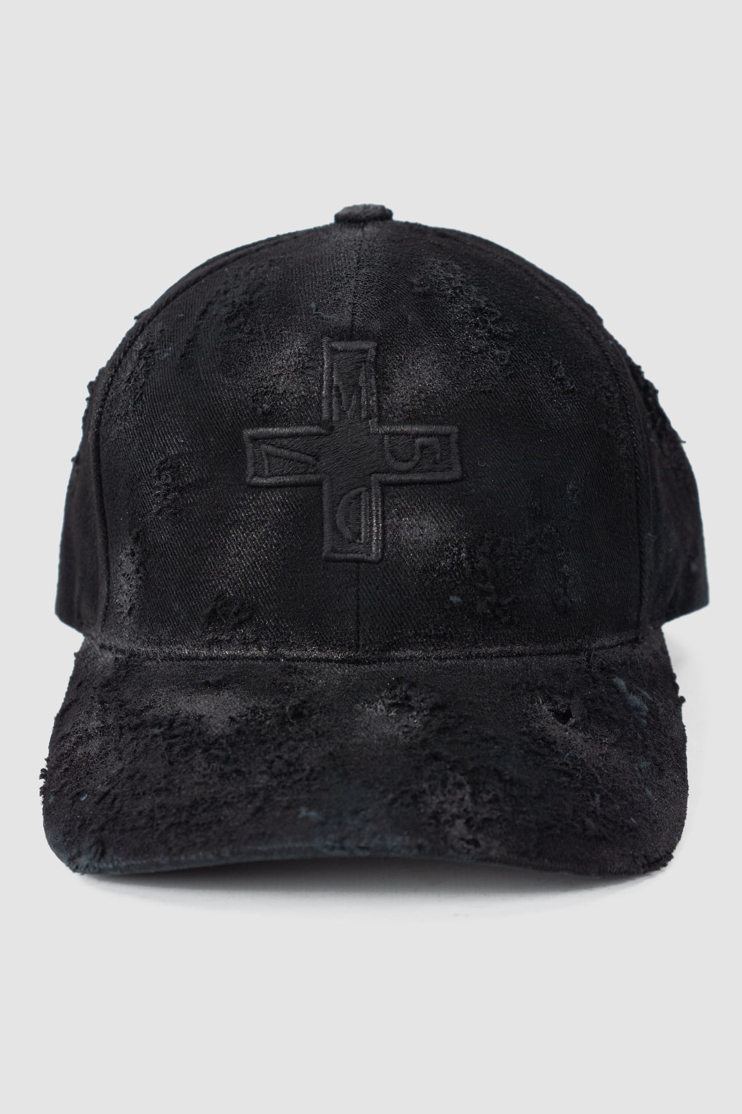 MD75 - front view of black Distressed Waxed Cotton Denim Baseball Cap