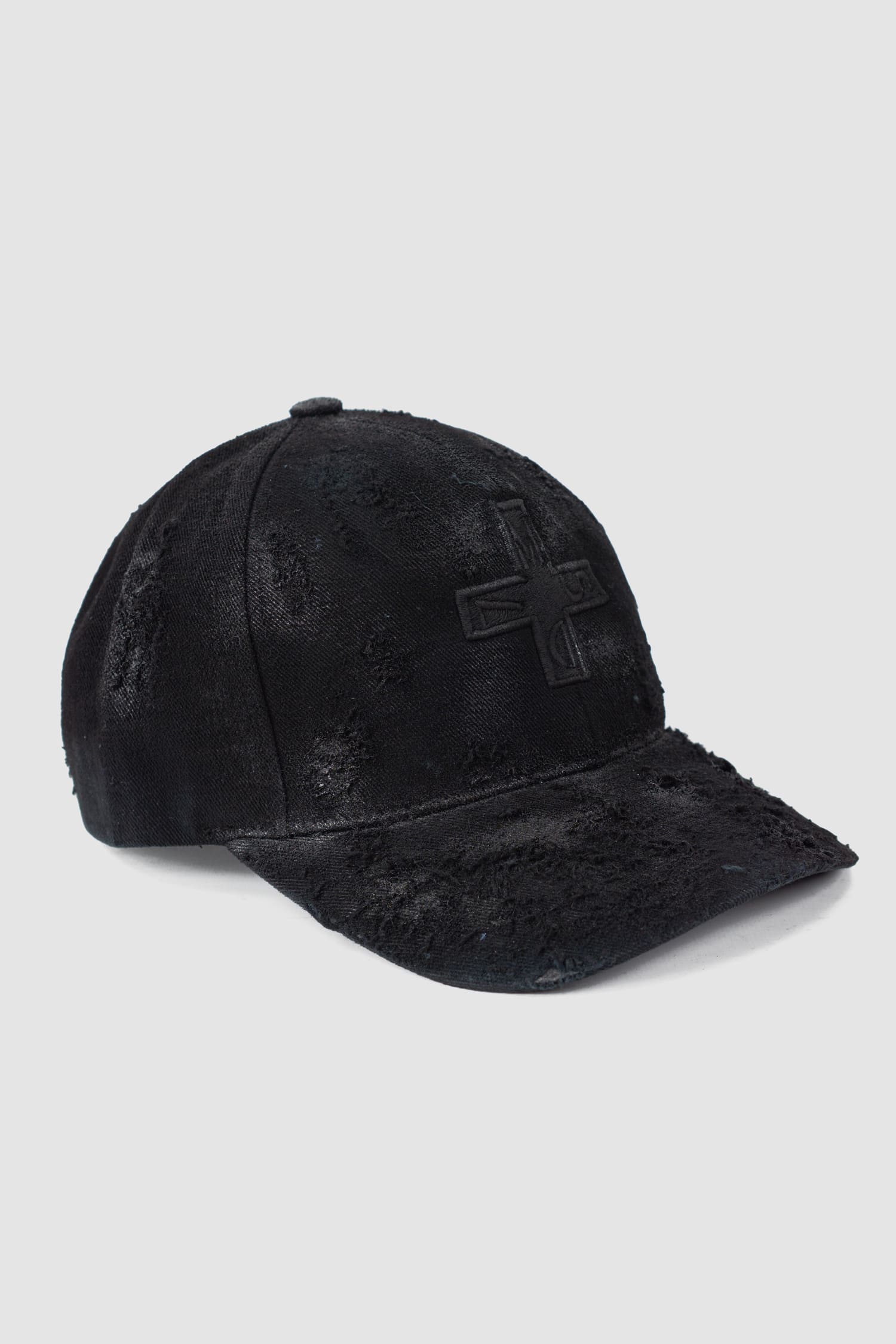 MD75 - right view of black Distressed Waxed Cotton Denim Baseball Cap