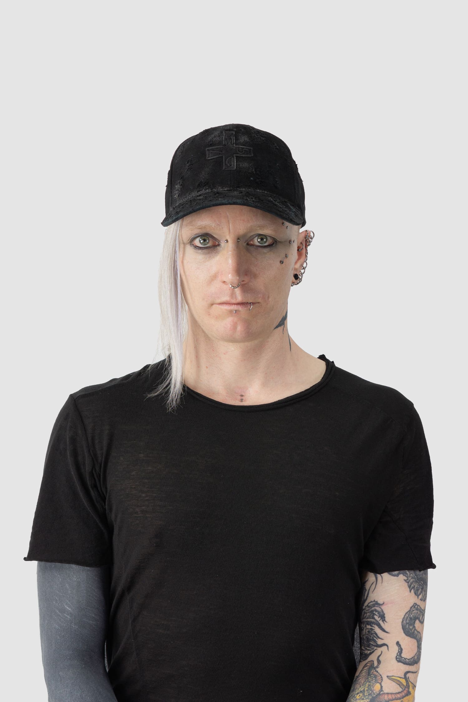 MD75 - model front view of black Distressed Waxed Cotton Denim Baseball Cap