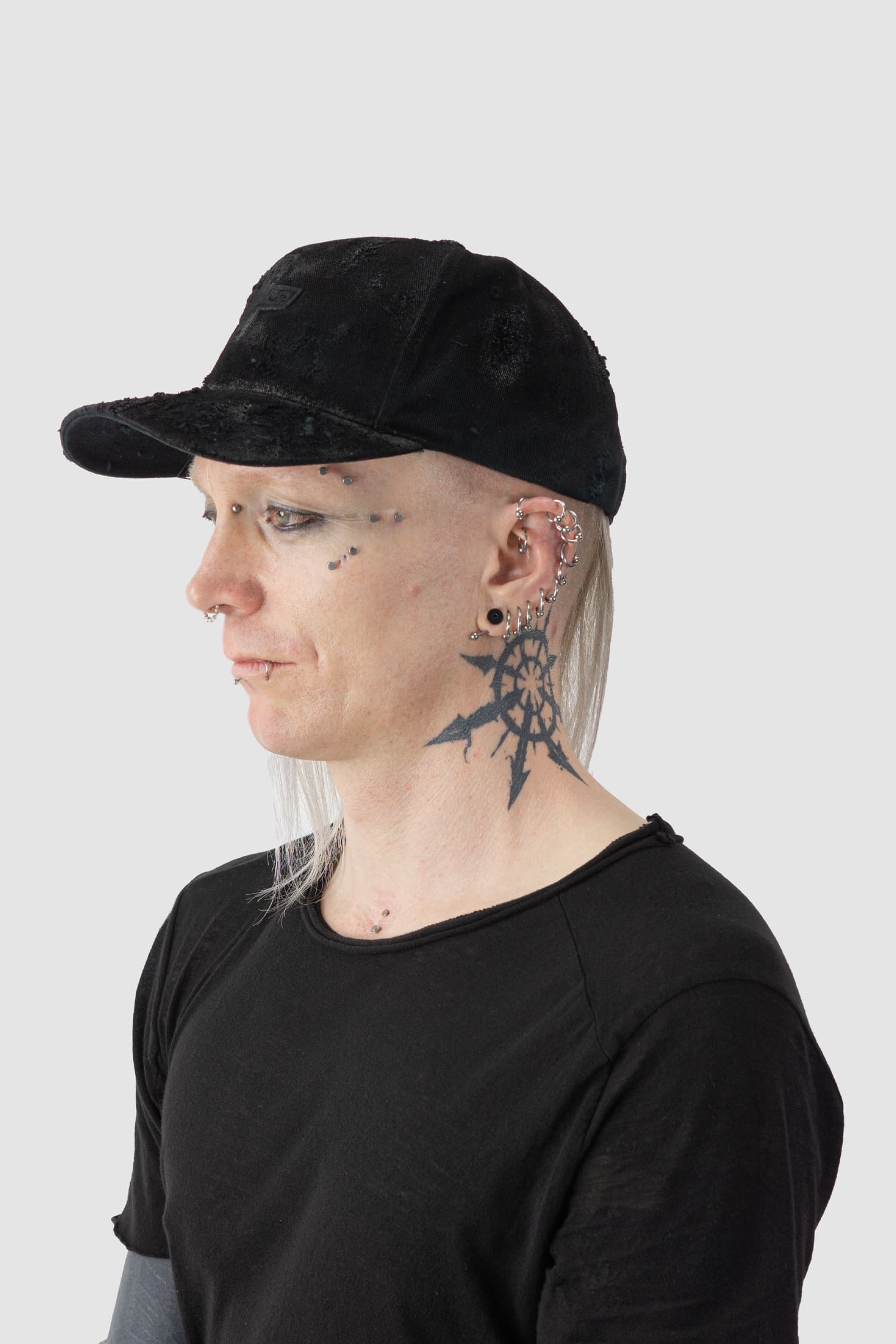 MD75 - model side view of black Distressed Waxed Cotton Denim Baseball Cap