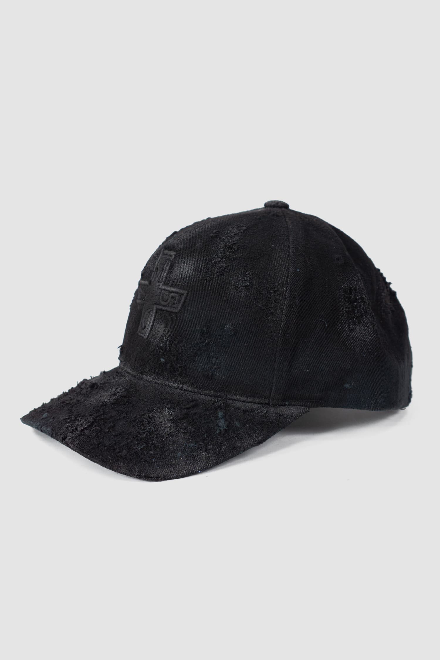MD75 - left view of black Distressed Waxed Cotton Denim Baseball Cap
