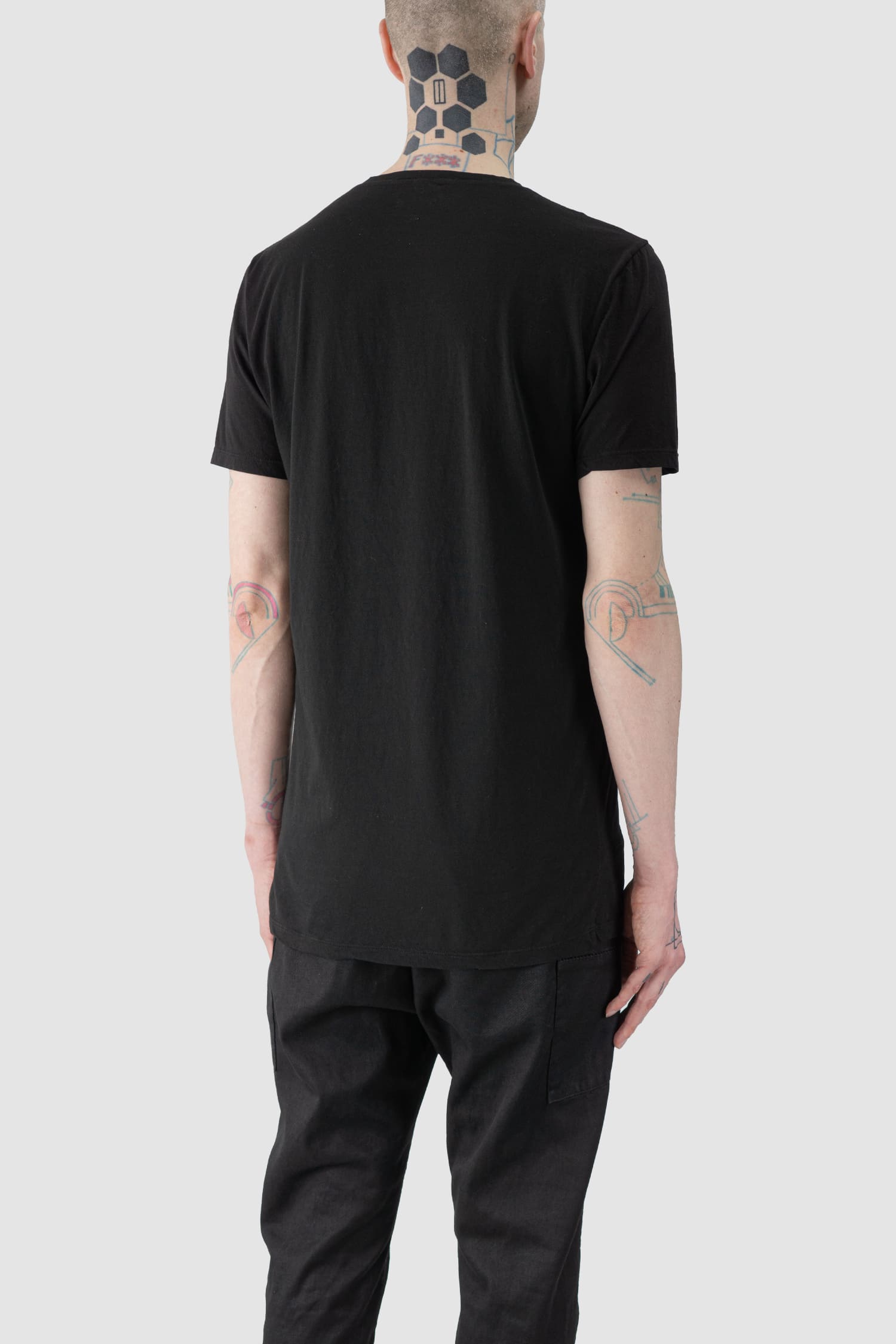 MD75 - back side view of black Light Cotton T-Shirt with Print and Embroidery