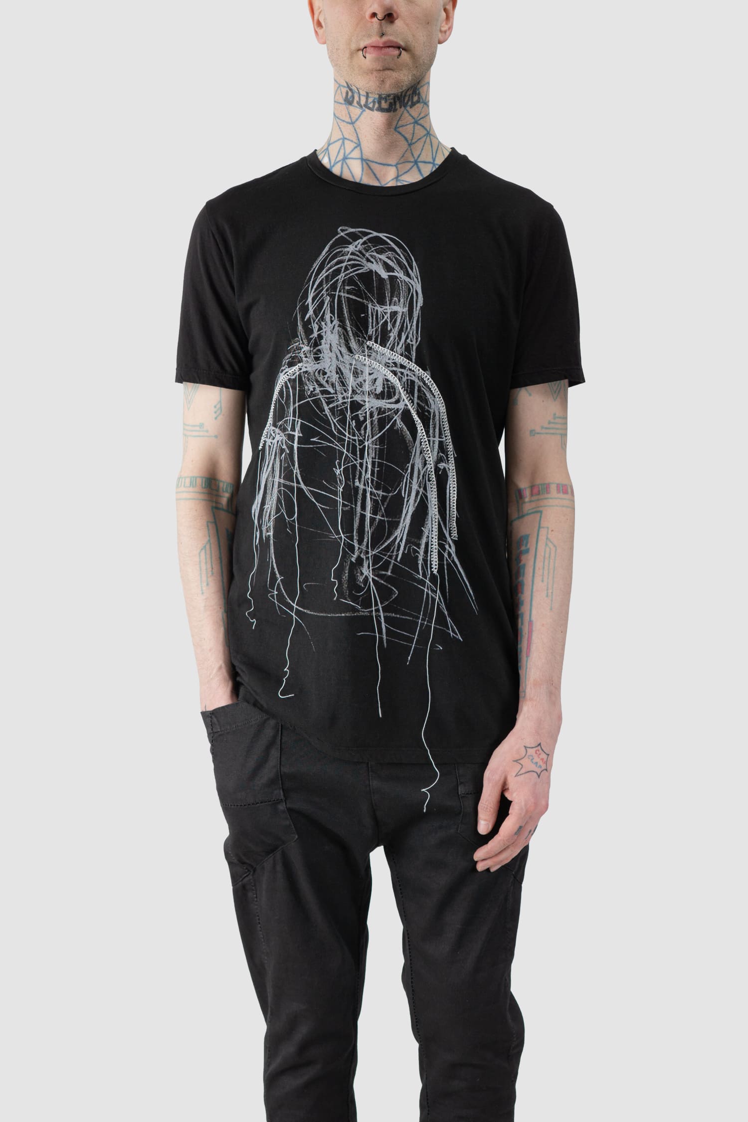 MD75 - model relaxed view of black Light Cotton T-Shirt with Print and Embroidery