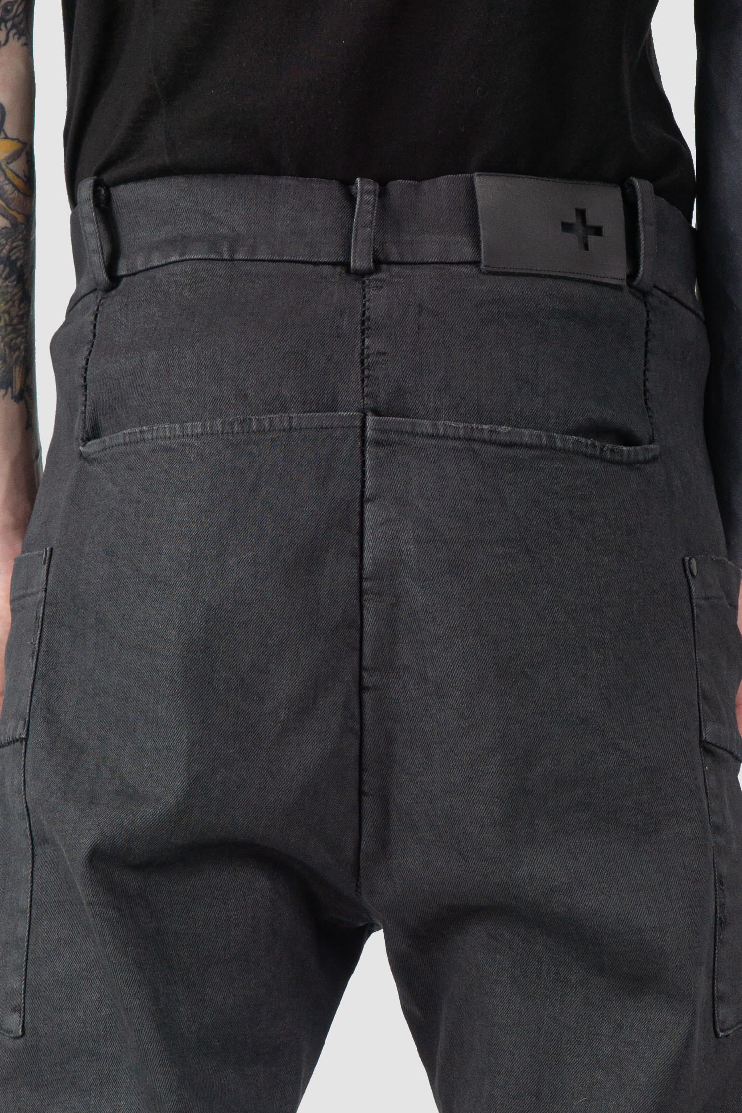 MD75 - back detail view of black Waxed Low Crotch Stretch Denim Jeans