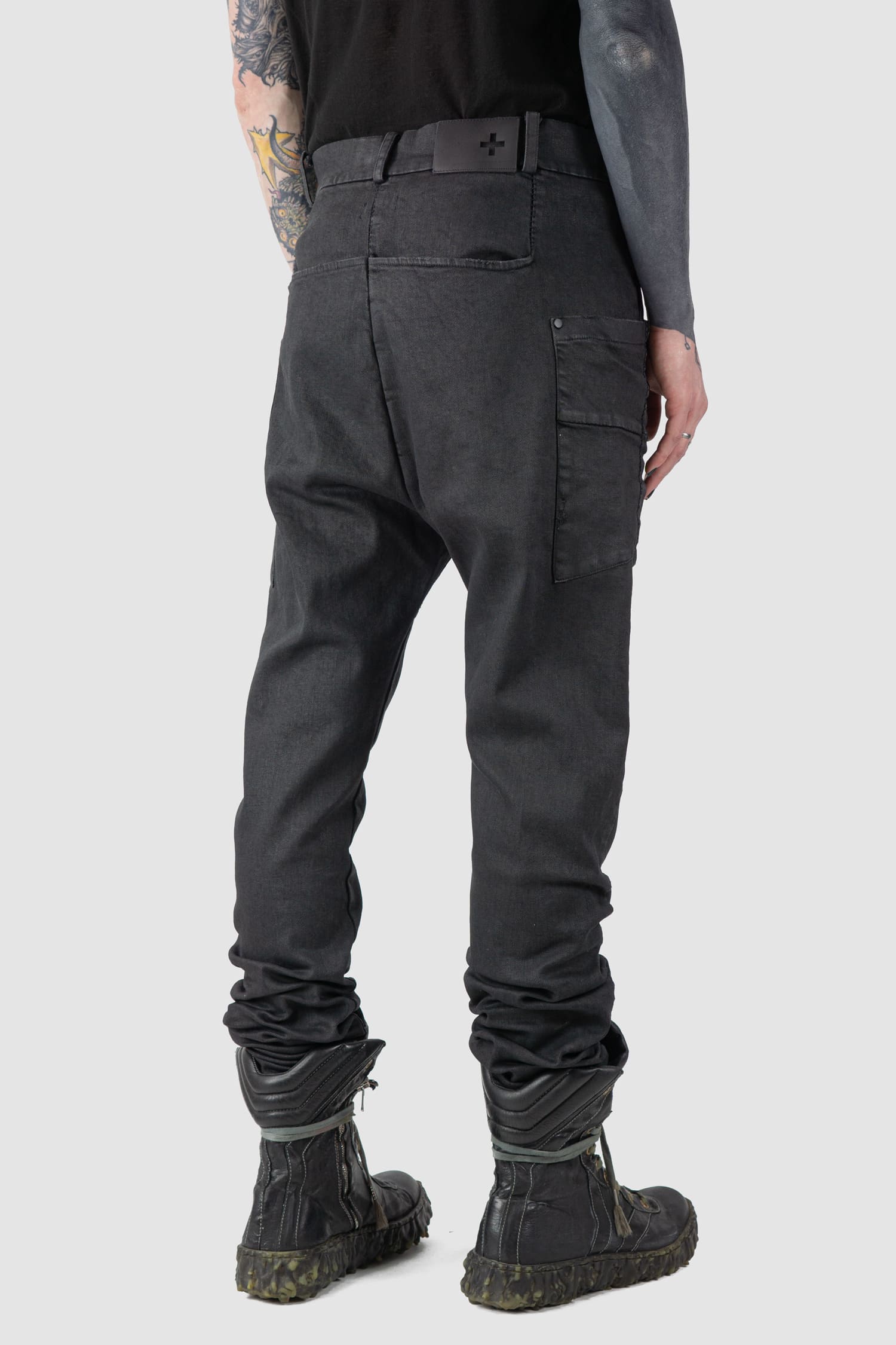 MD75 - back side view of black Waxed Low Crotch Stretch Denim Jeans