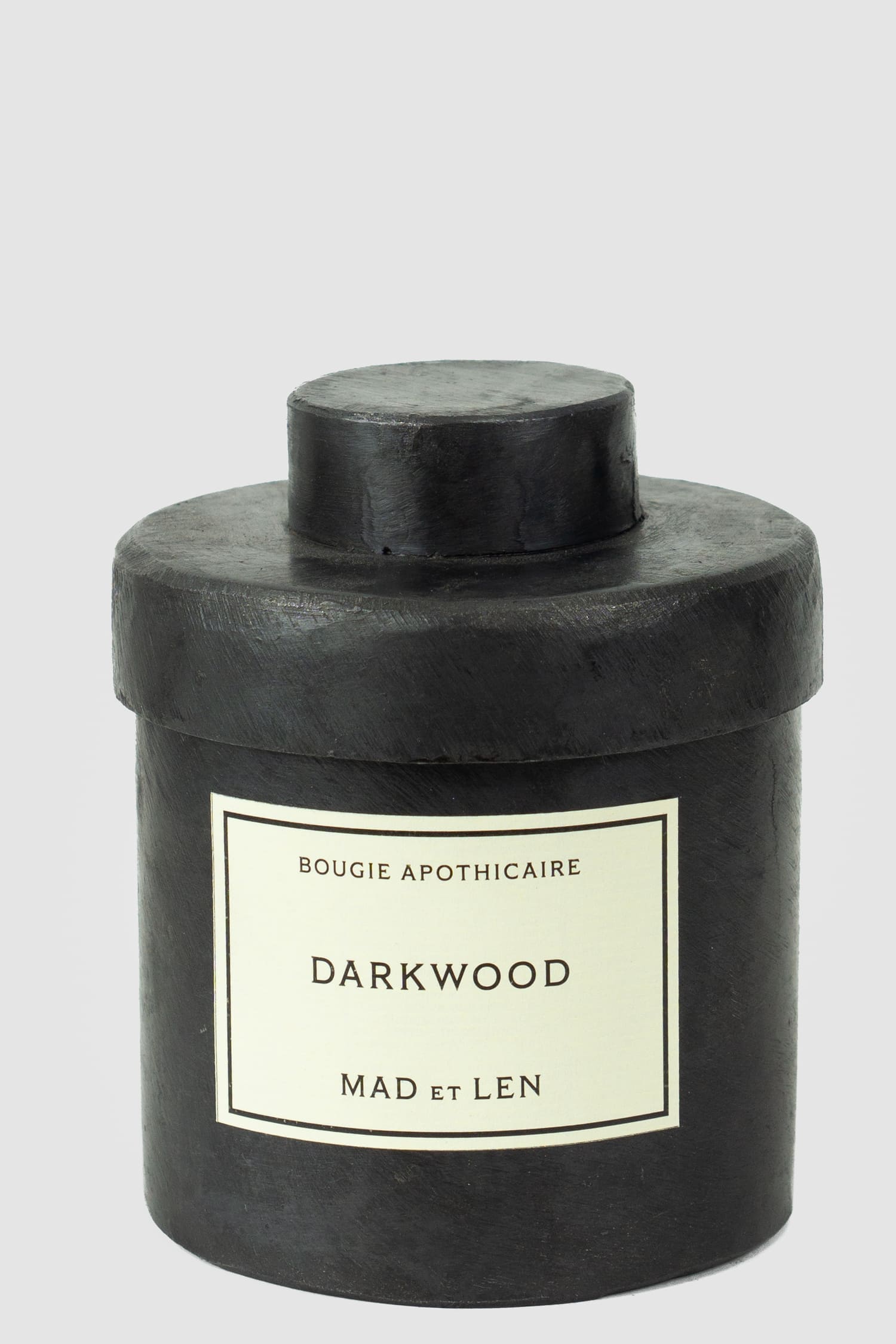 Mad et Len - front view of black Darkwood | Candle Bougie D'Apothicaire - 300g