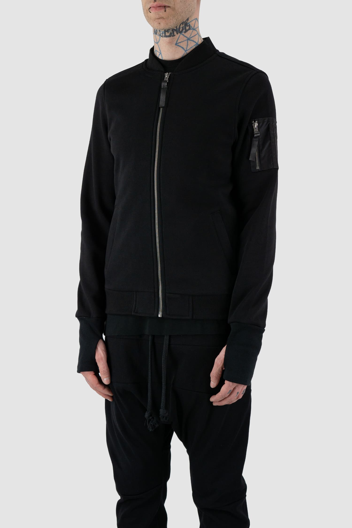 Obectra Studio - Side view of Black Cotton Nalla Sweat Bomber Jacket.