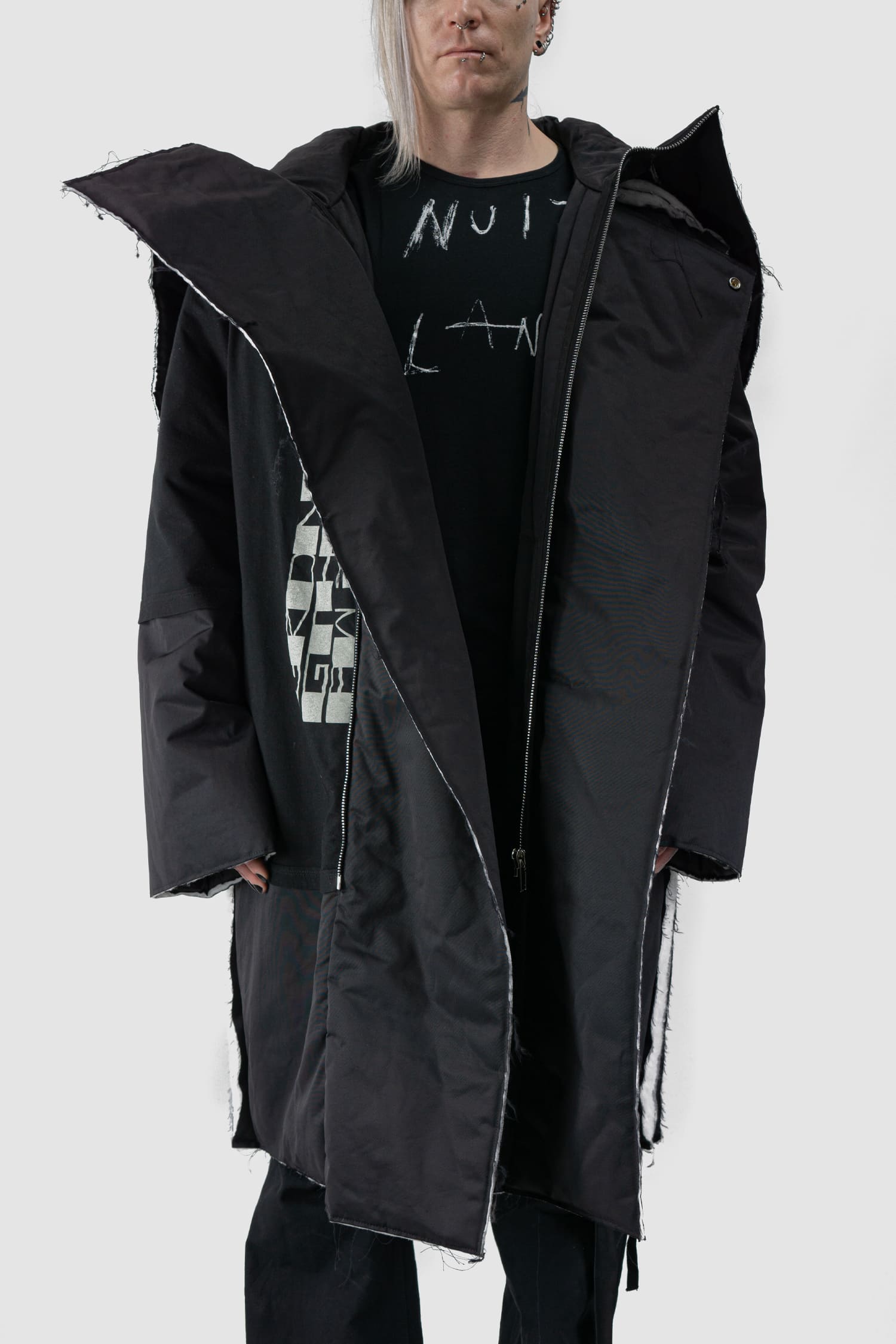 Rick Owens DRKSHDW - open view of black Oversized Hooded Padded Sisyparka Coat