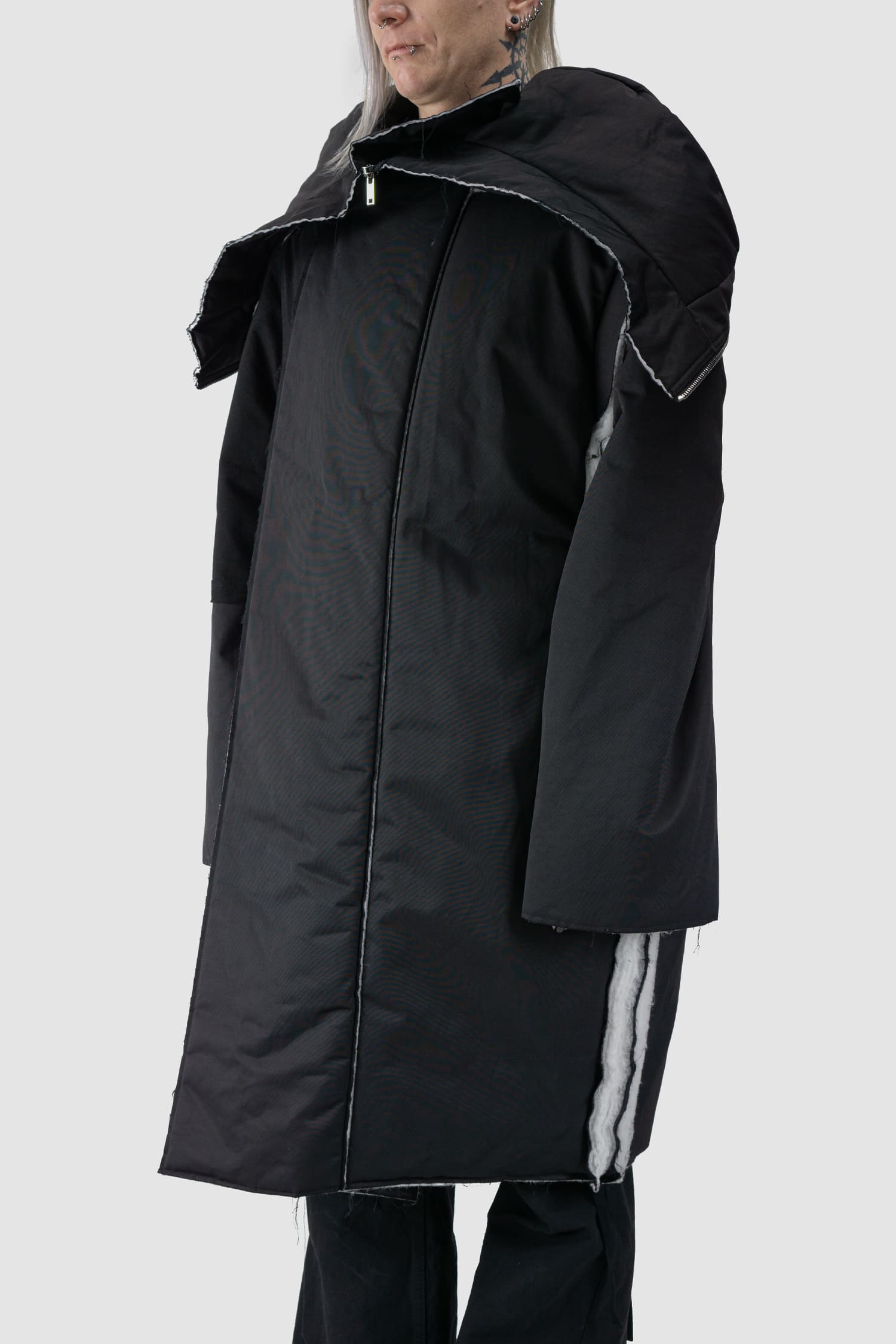 Rick Owens DRKSHDW - front side view of black Oversized Hooded Padded Sisyparka Coat