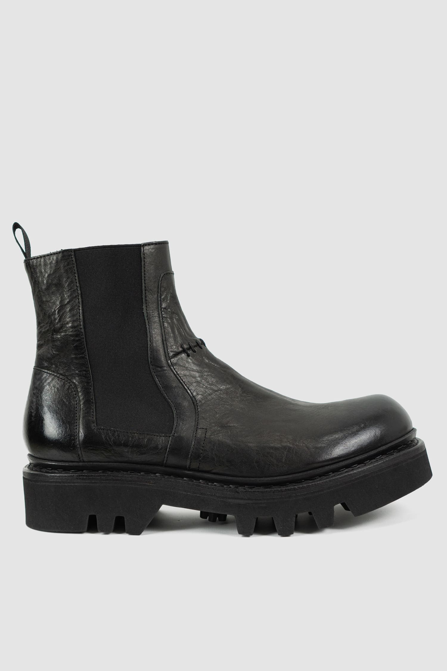 The Last Conspiracy - right view of Emert Black Leather Chelsea Boots for Men from SS24 Collection with front Scar Stitch Detail.