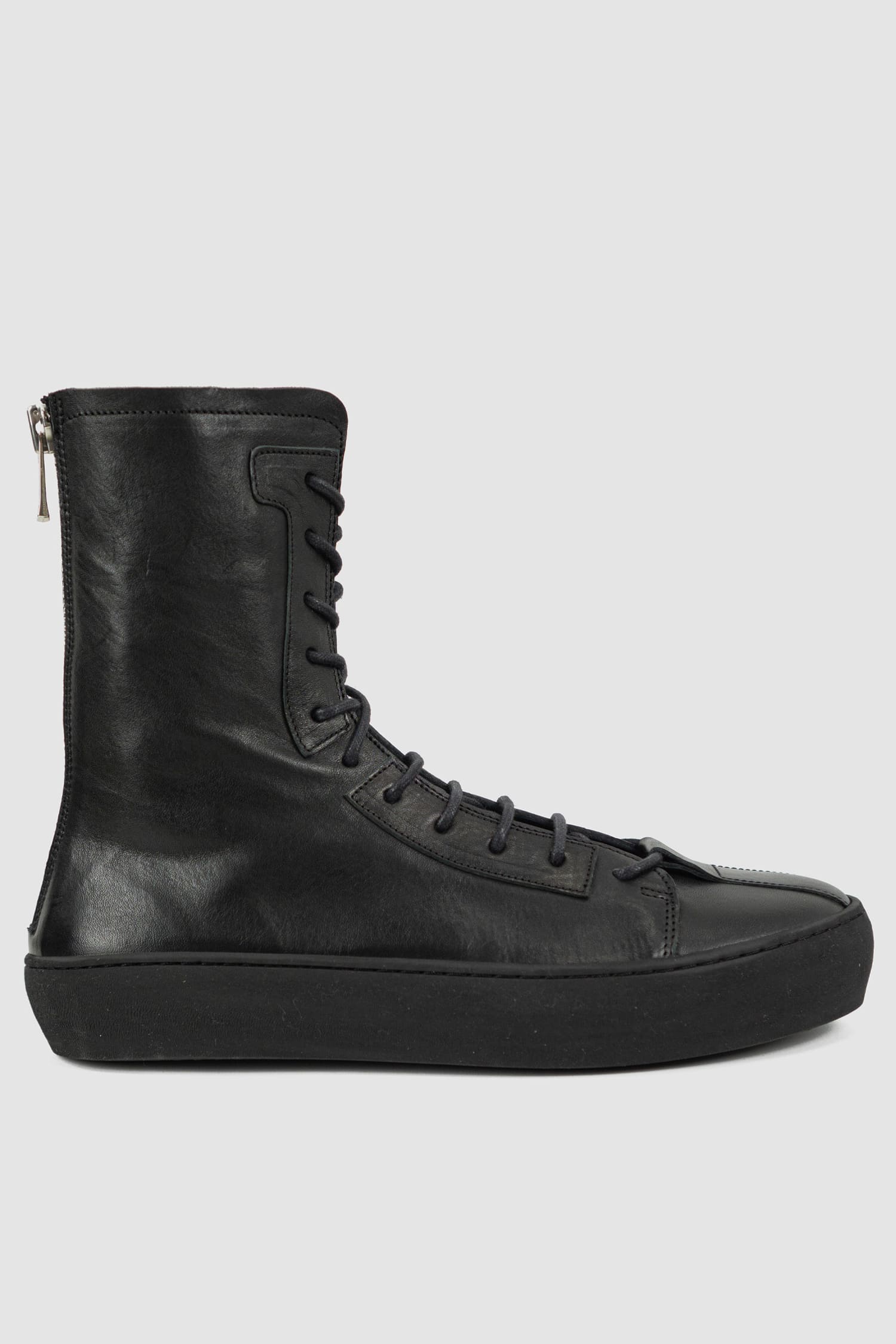 The Last Conspiracy - right view of Black Leather High Top Sneaker for Men from SS24 Collection with Excella Back Zip Detail.