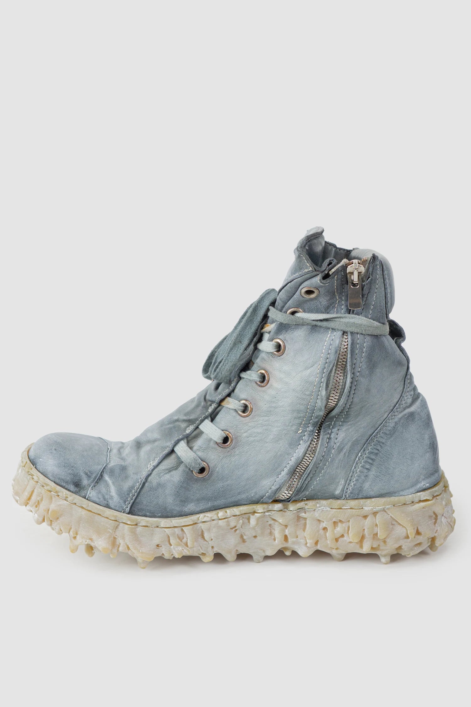 Culture of Brave - right inside view of men’s Shale Grey Object Dyed Folded High Top Leather Sneaker - MELM2
