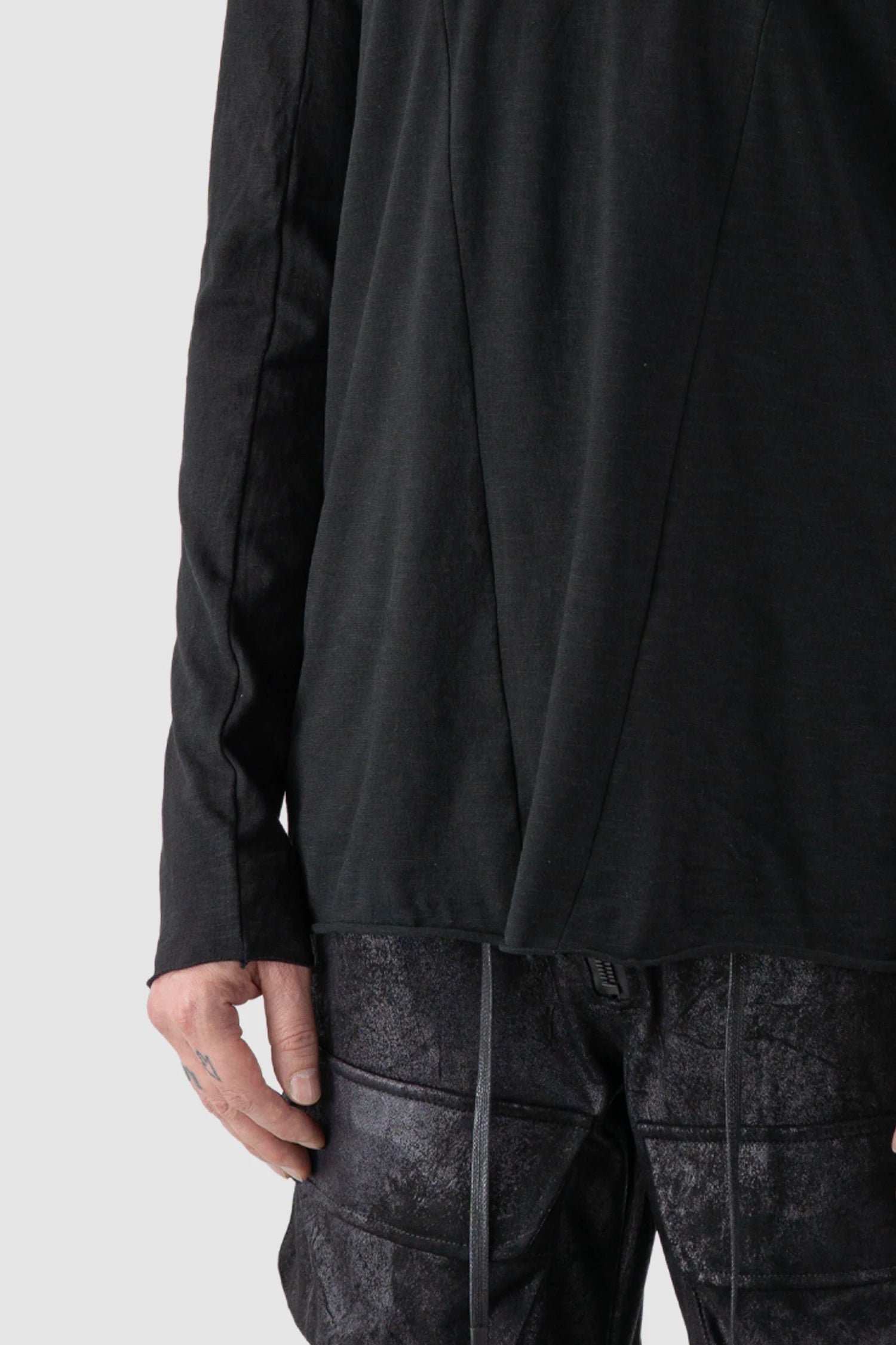 Gall Laboratories by Justin Gall - hem detail view of men’s Black Brushed Cotton Geometric Seam Long Sleeve T-Shirt