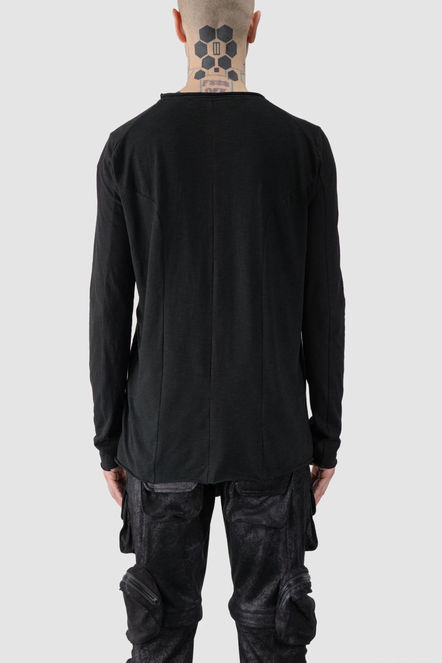 Gall Laboratories by Justin Gall - model back view of men’s Black Brushed Cotton Geometric Seam Long Sleeve T-Shirt