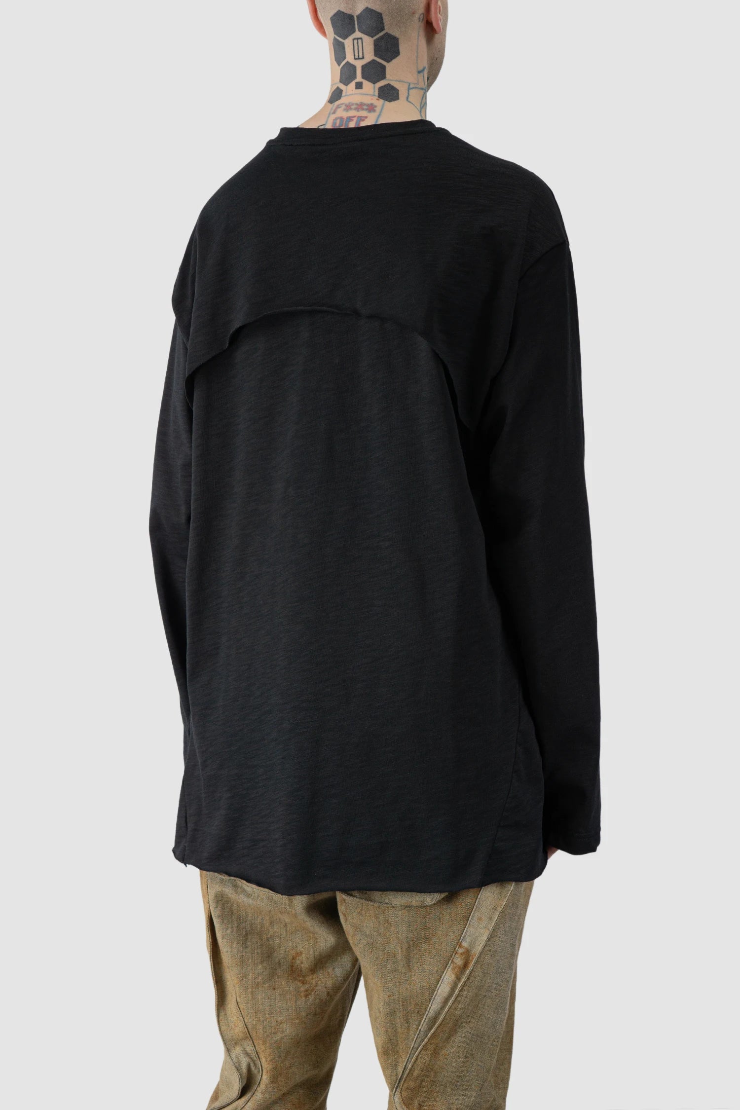 Gall Laboratories by Justin Gall - model back side view of men’s Black Cotton Back-Draped Oversize Long Sleeve T-Shirt