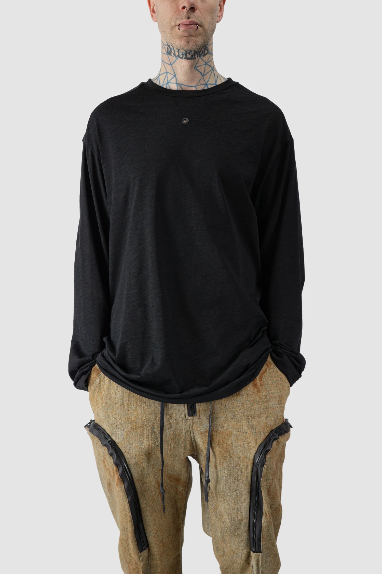 Gall Laboratories by Justin Gall - model front relaxed view of men’s Black Cotton Back-Draped Oversize Long Sleeve T-Shirt