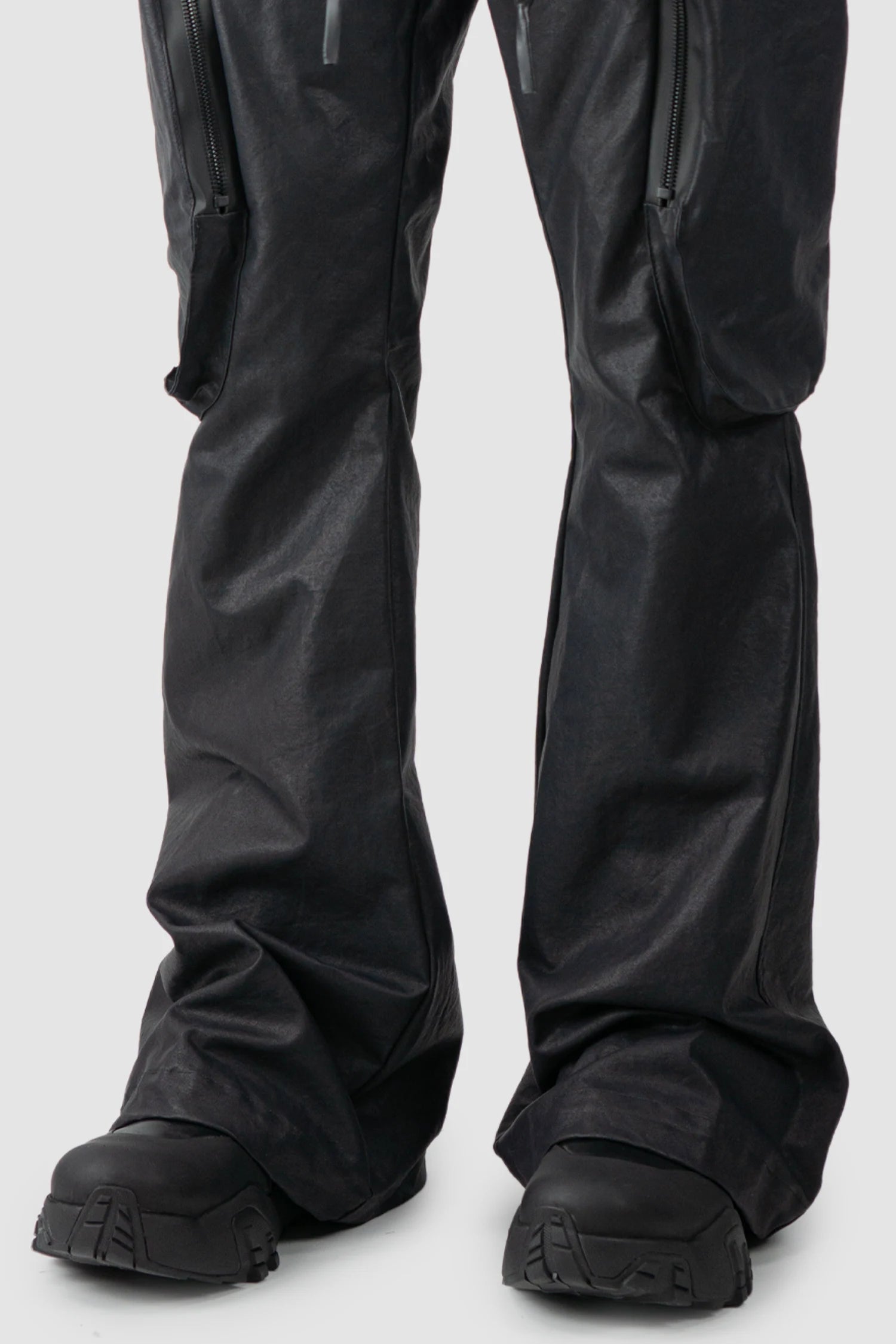 Gall Laboratories by Justin Gall - hem detail view of men’s Black Heavy Coated Wide Leg Cargo Trousers