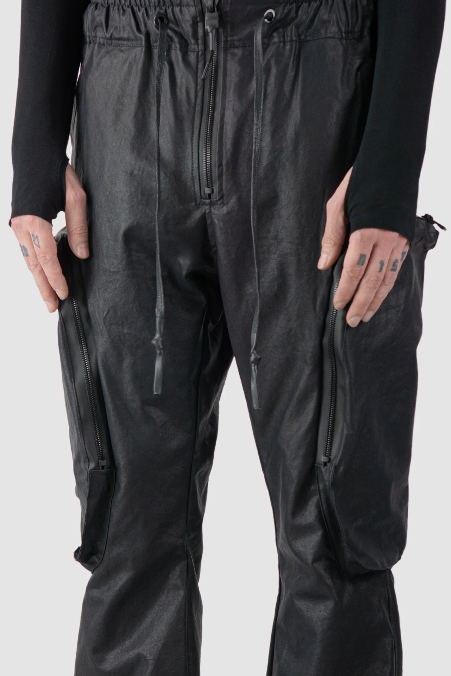 Gall Laboratories by Justin Gall - waist detail view of men’s Black Heavy Coated Wide Leg Cargo Trousers