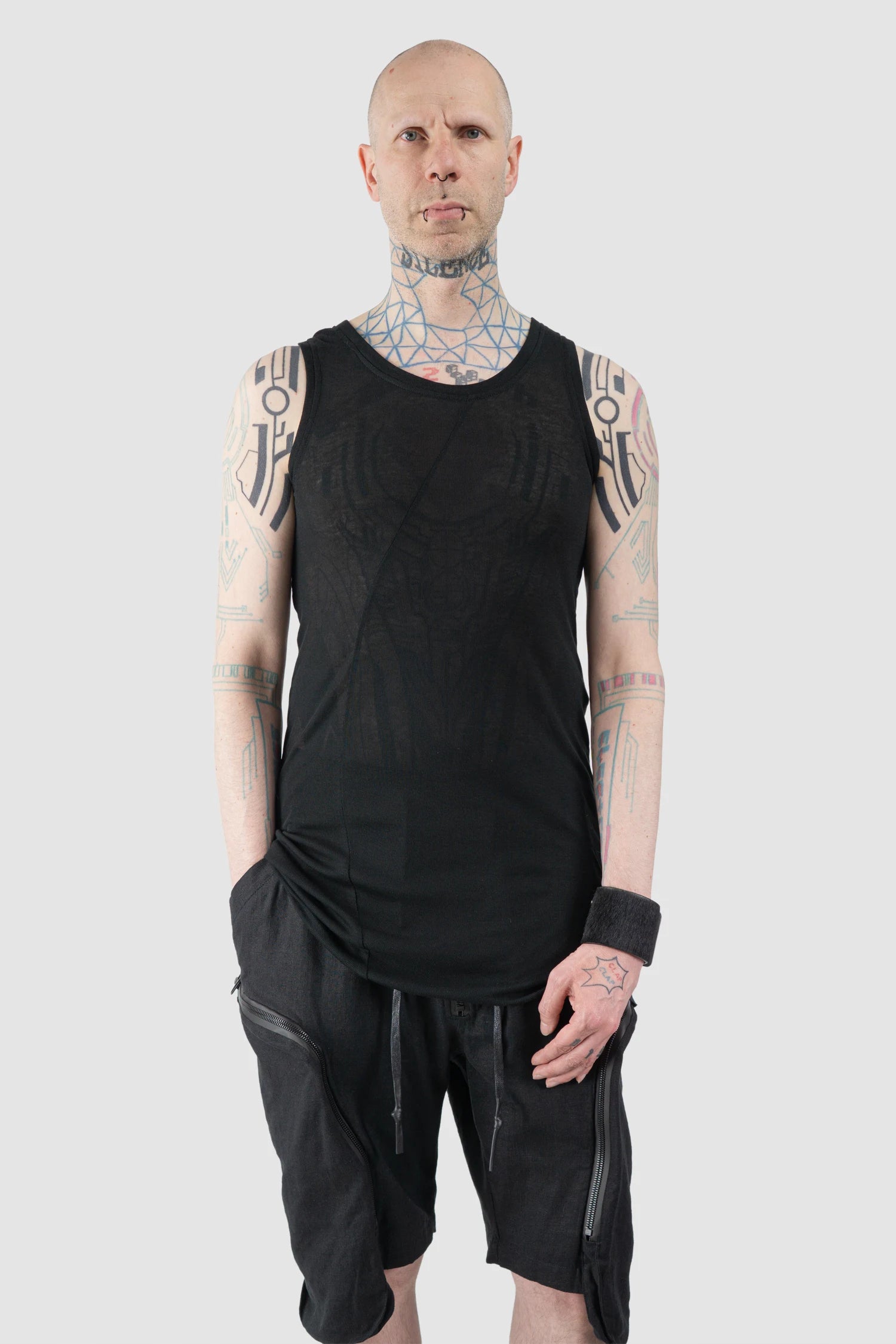 Gall Laboratories by Justin Gall - Men’s Black Linen Blend Curve Seam Tank Top model relaxed view Gall Laboratories by Justin Gall - Men’s Black Linen Blend Curve Seam Tank Top model relaxed view