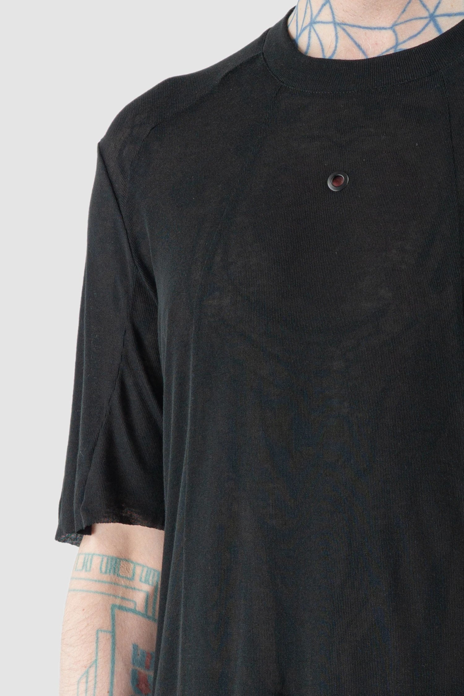 Gall Laboratories by Justin Gall - Men’s Black Linen Blend Panel T-Shirt front detail view Gall Laboratories by Justin Gall - Men’s Black Linen Blend Panel T-Shirt front detail view