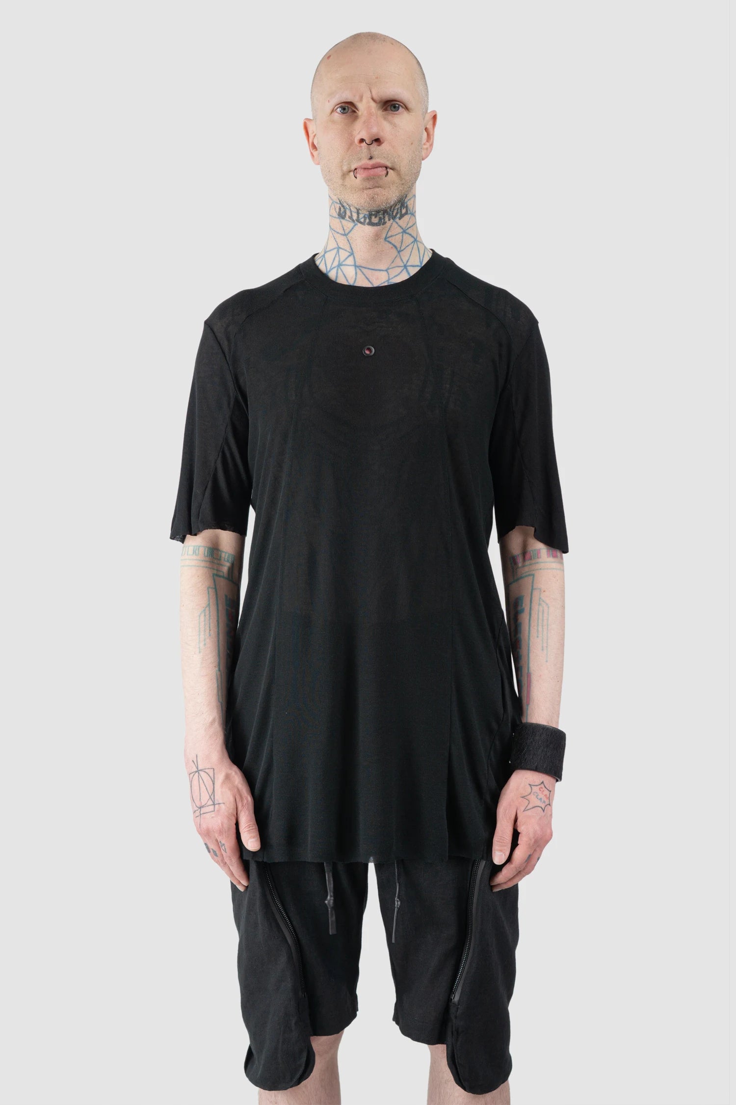 Gall Laboratories by Justin Gall - Men’s Black Linen Blend Panel T-Shirt model front view Gall Laboratories by Justin Gall - Men’s Black Linen Blend Panel T-Shirt model front view