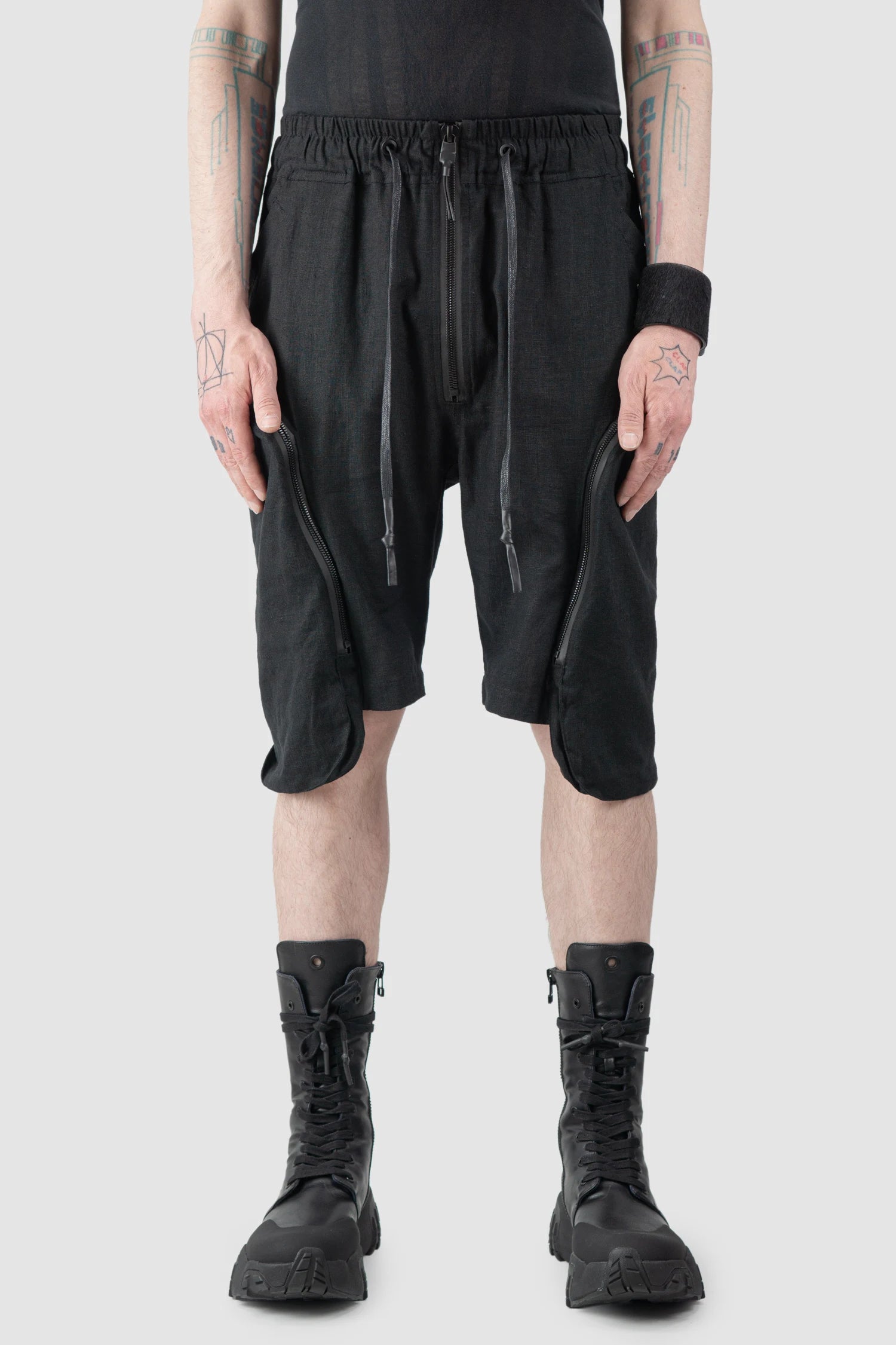 Gall Laboratories by Justin Gall - Men’s Black Tactical Linen Cargo Shorts model front view Gall Laboratories by Justin Gall - Men’s Black Tactical Linen Cargo Shorts model front view
