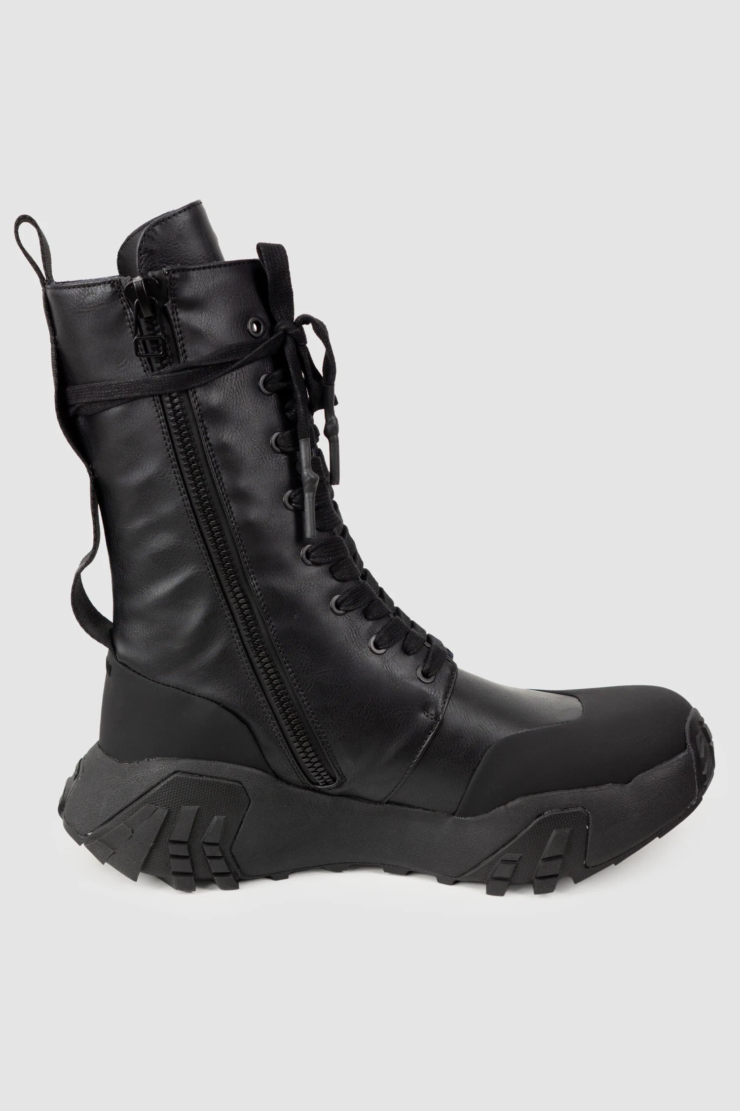 Gall Laboratories by Justin Gall - Men’s Black Vegan High-Zip 15-Eyelet Boots “Mongrel Max” left inside view