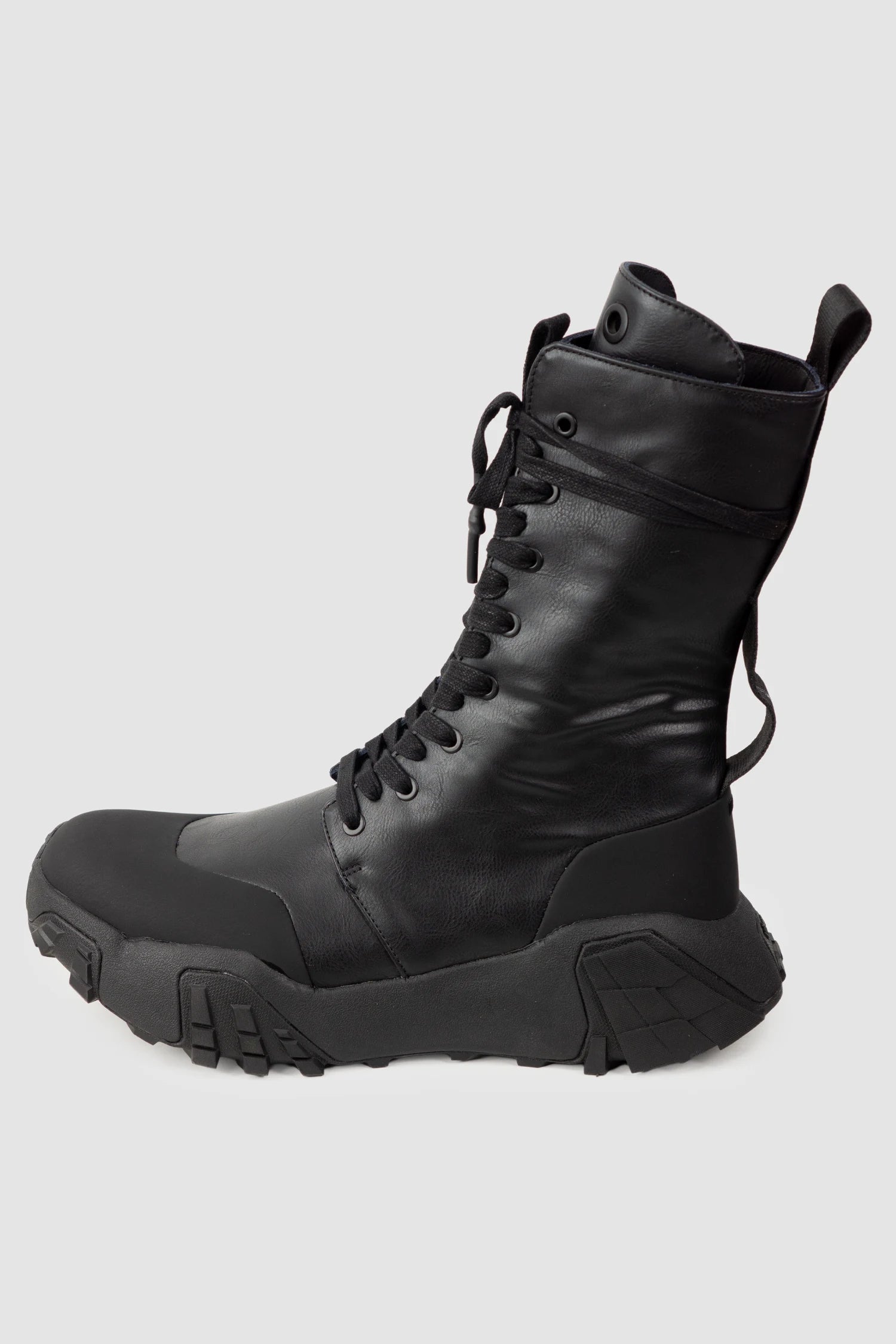 Gall Laboratories by Justin Gall - Men’s Black Vegan High-Zip 15-Eyelet Boots “Mongrel Max” left outside view