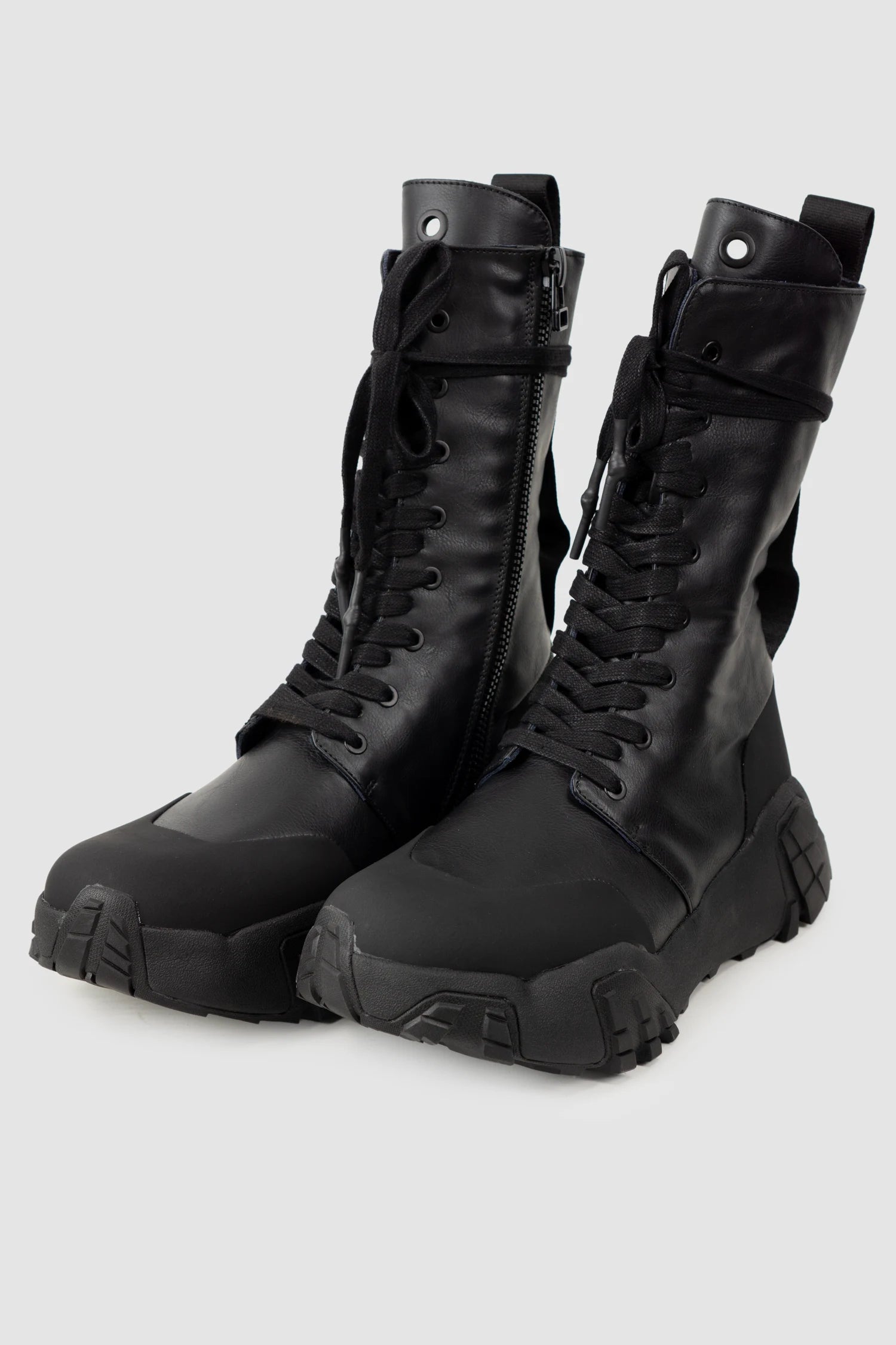 Gall Laboratories by Justin Gall - Men’s Black Vegan High-Zip 15-Eyelet Boots “Mongrel Max” pair right view