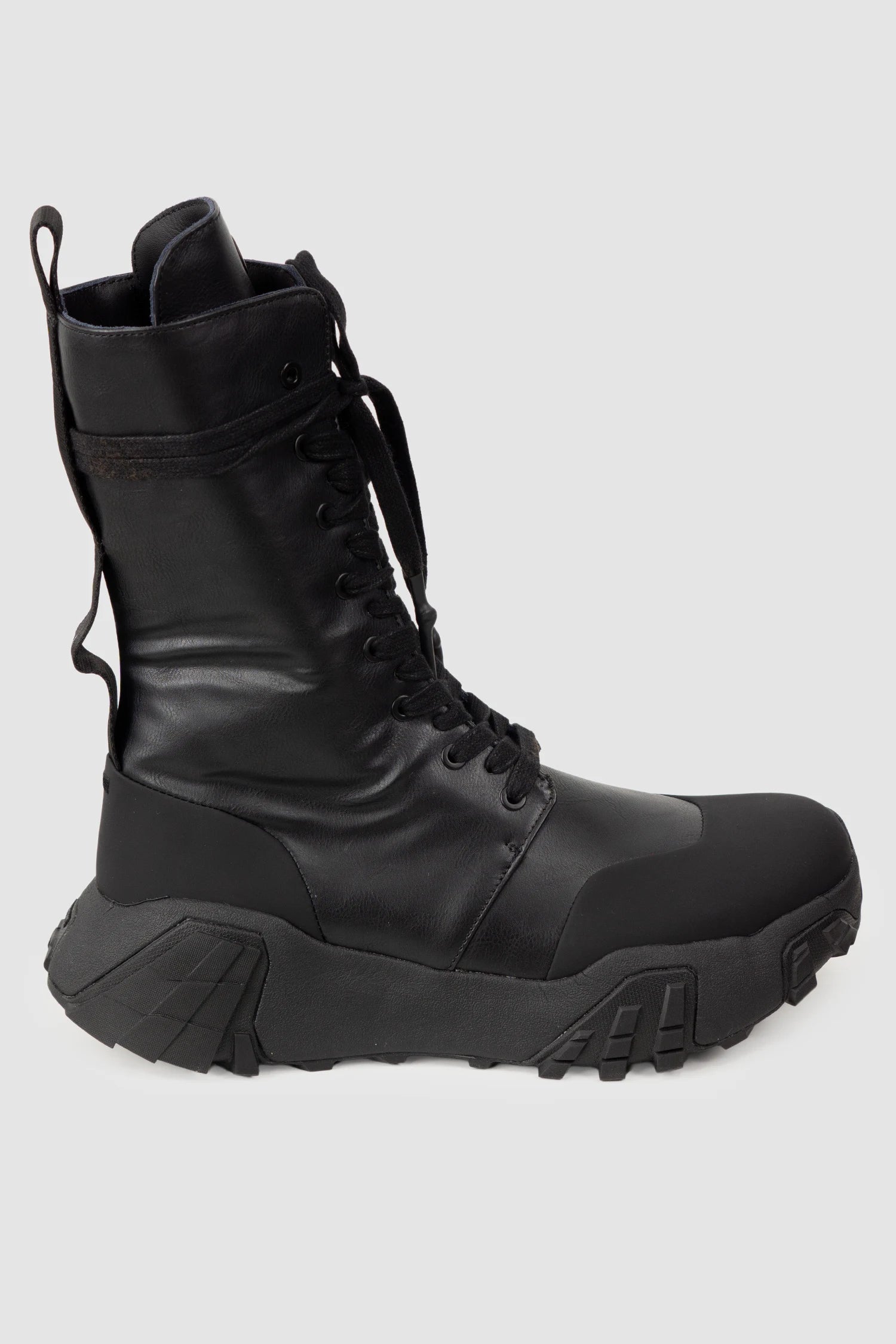 Gall Laboratories by Justin Gall - Men’s Black Vegan High-Zip 15-Eyelet Boots “Mongrel Max” right outside view