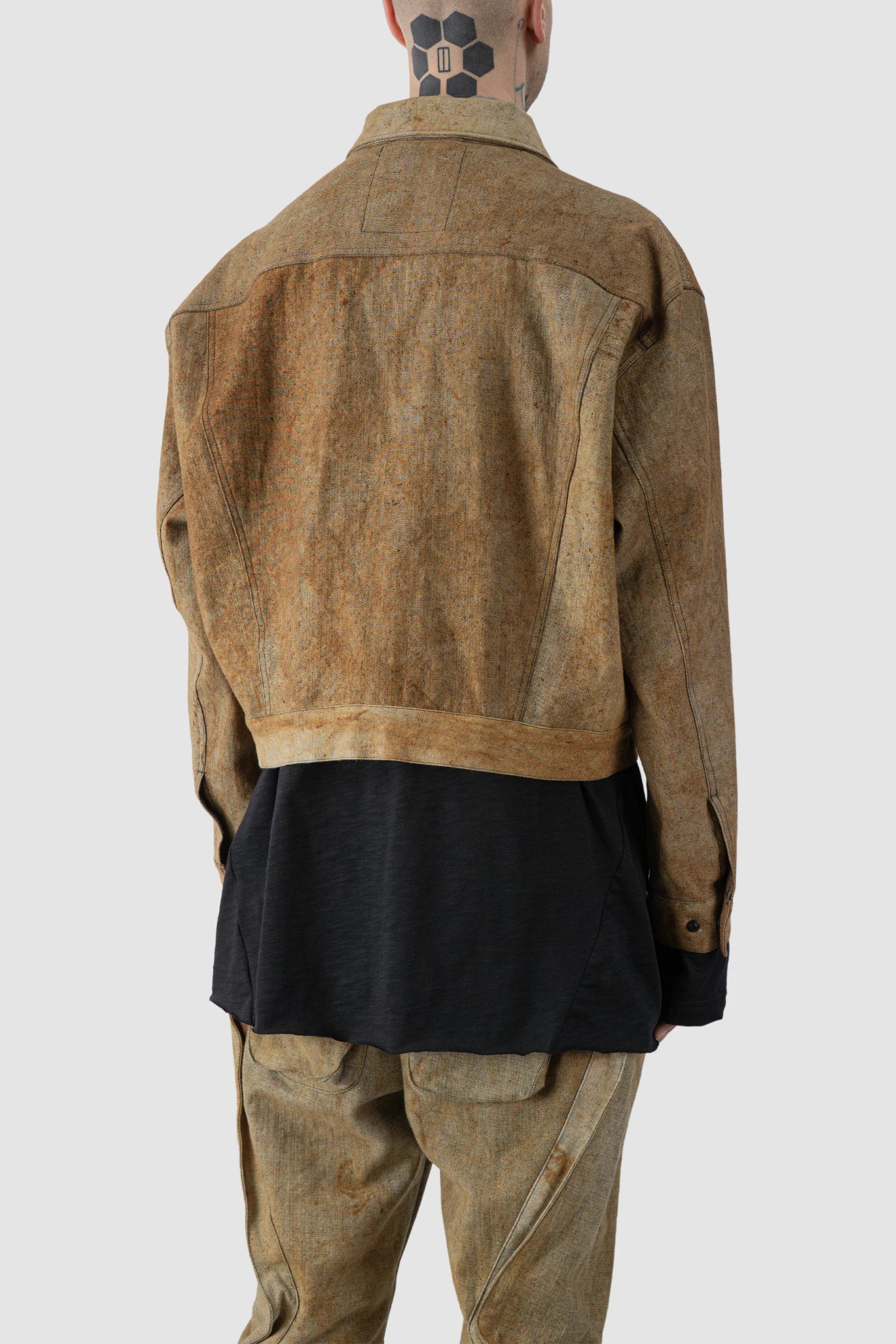 Gall Laboratories by Justin Gall - model back side view of men’s Brown Rusted Cotton Denim Worker Jacket