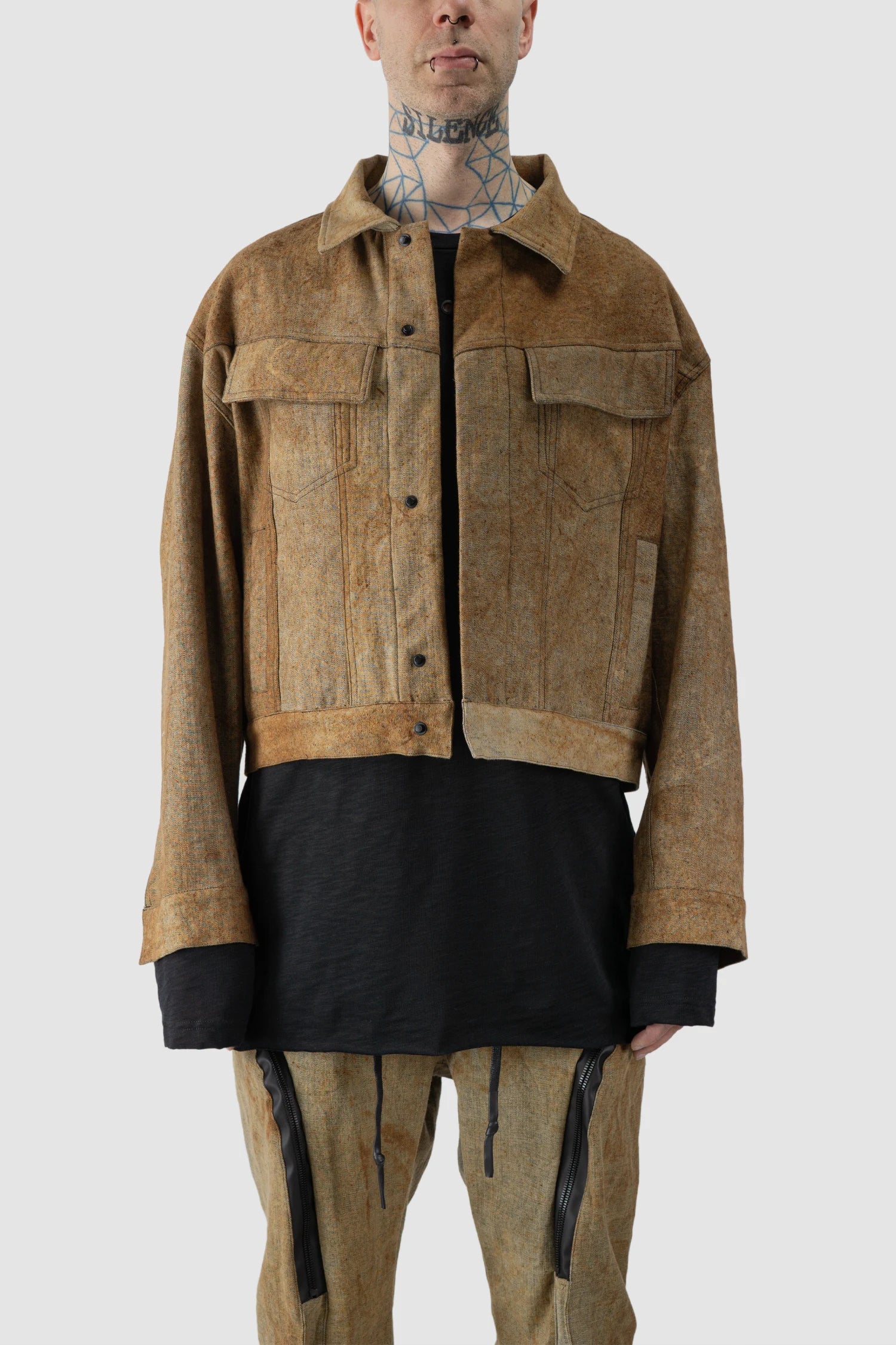 Gall Laboratories by Justin Gall - open front view of men’s Brown Rusted Cotton Denim Worker Jacket
