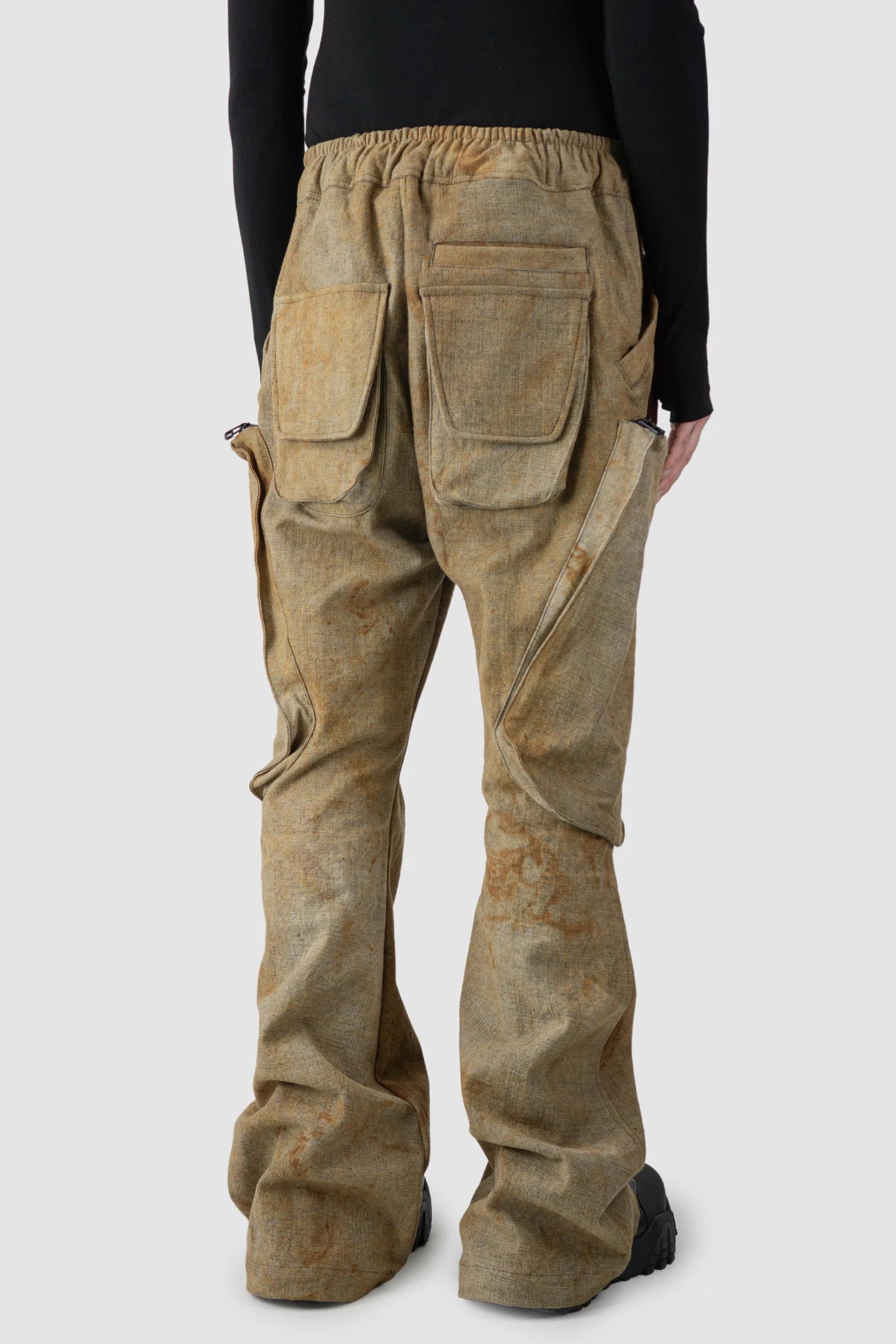 Gall Laboratories by Justin Gall - model back side view of men’s Brown Rusted Denim Flared Cargo Trousers