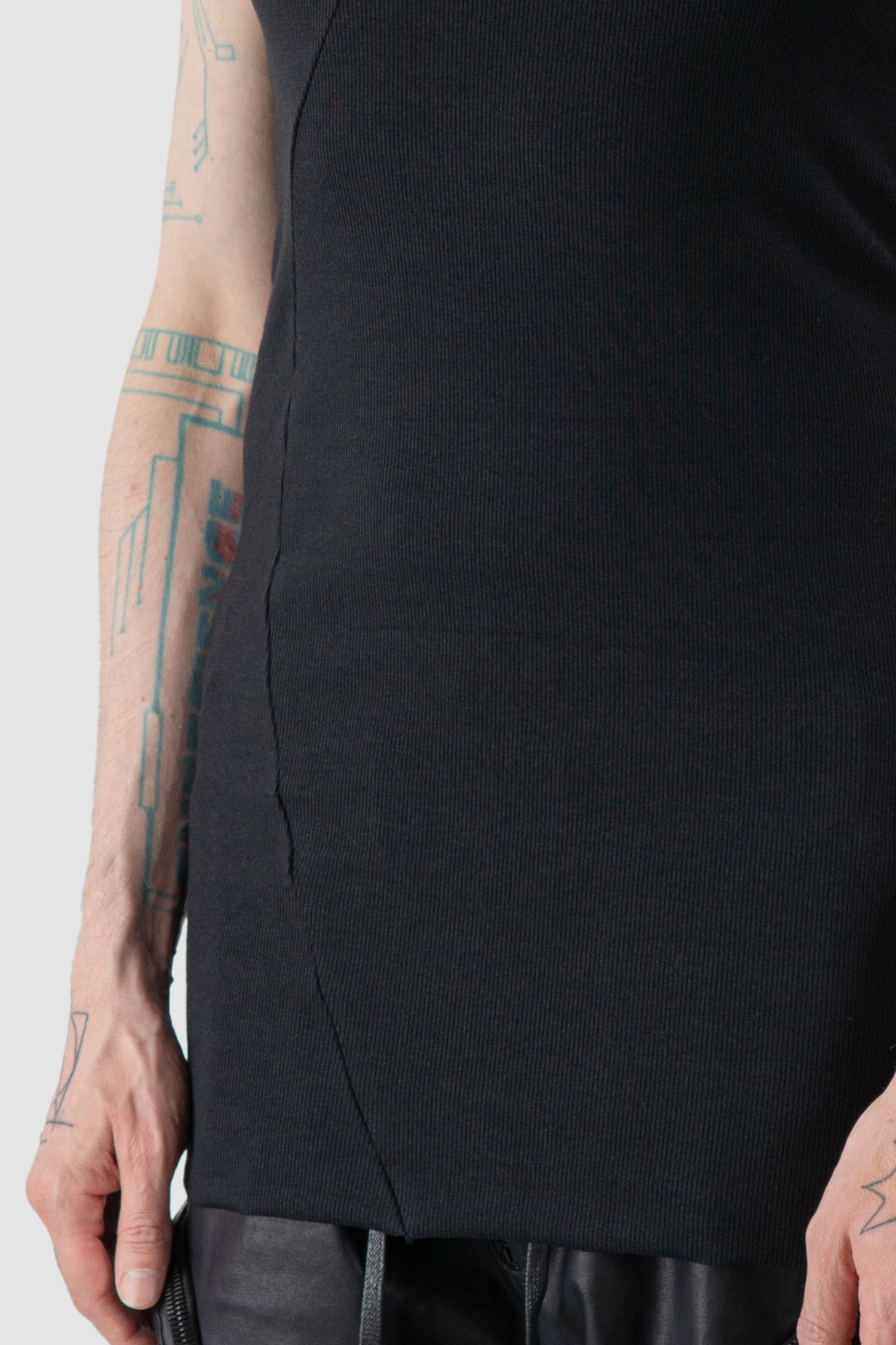 Gall Laboratories by Justin Gall - front detail view of black Bamboo and Cotton Fine Rib Slim Fit Tank Top
