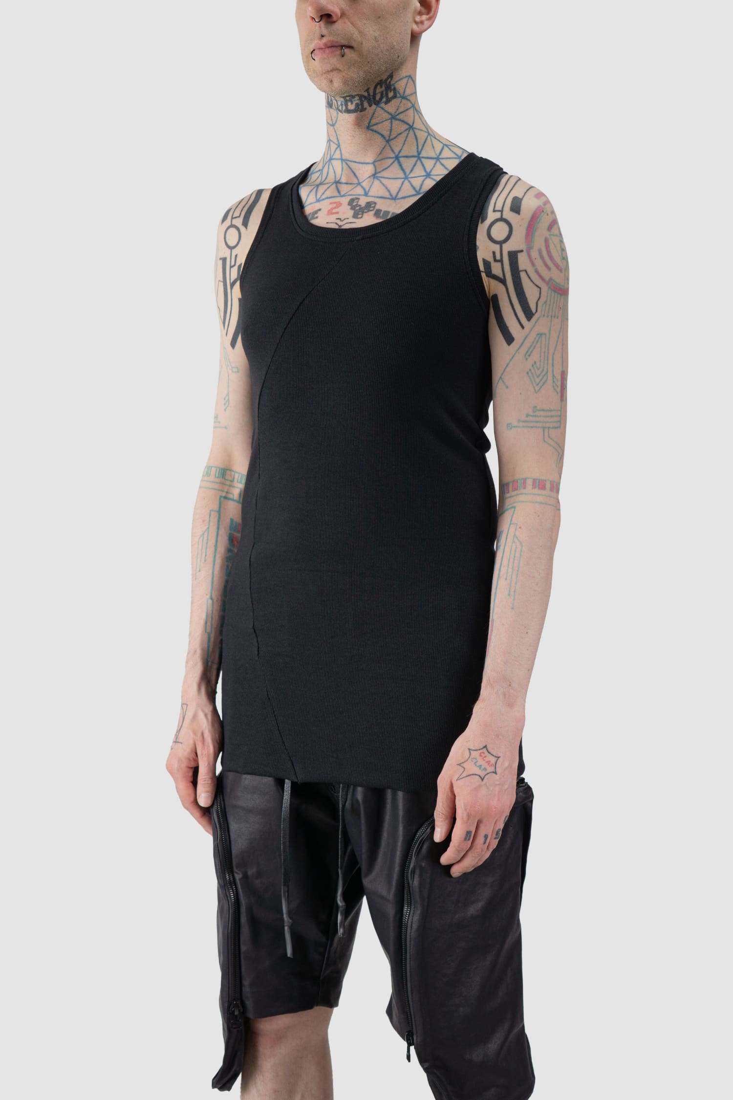 Gall Laboratories by Justin Gall - front side view of black Bamboo and Cotton Fine Rib Slim Fit Tank Top