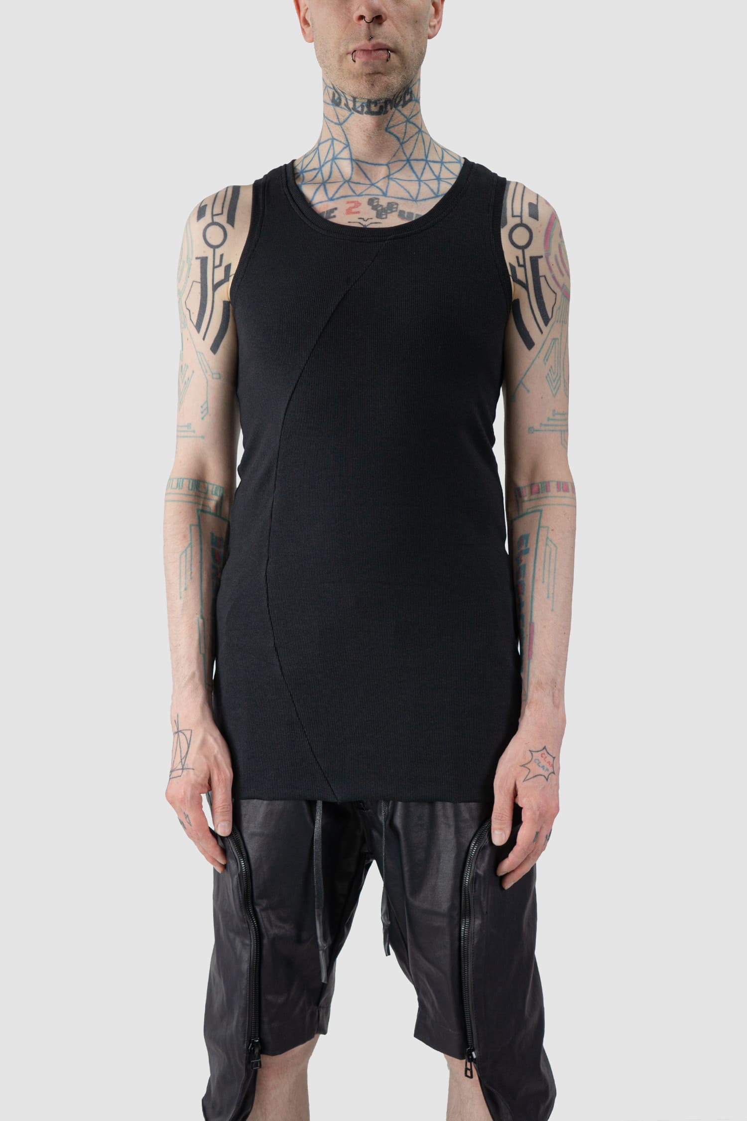 Gall Laboratories by Justin Gall - front view of black Bamboo and Cotton Fine Rib Slim Fit Tank Top