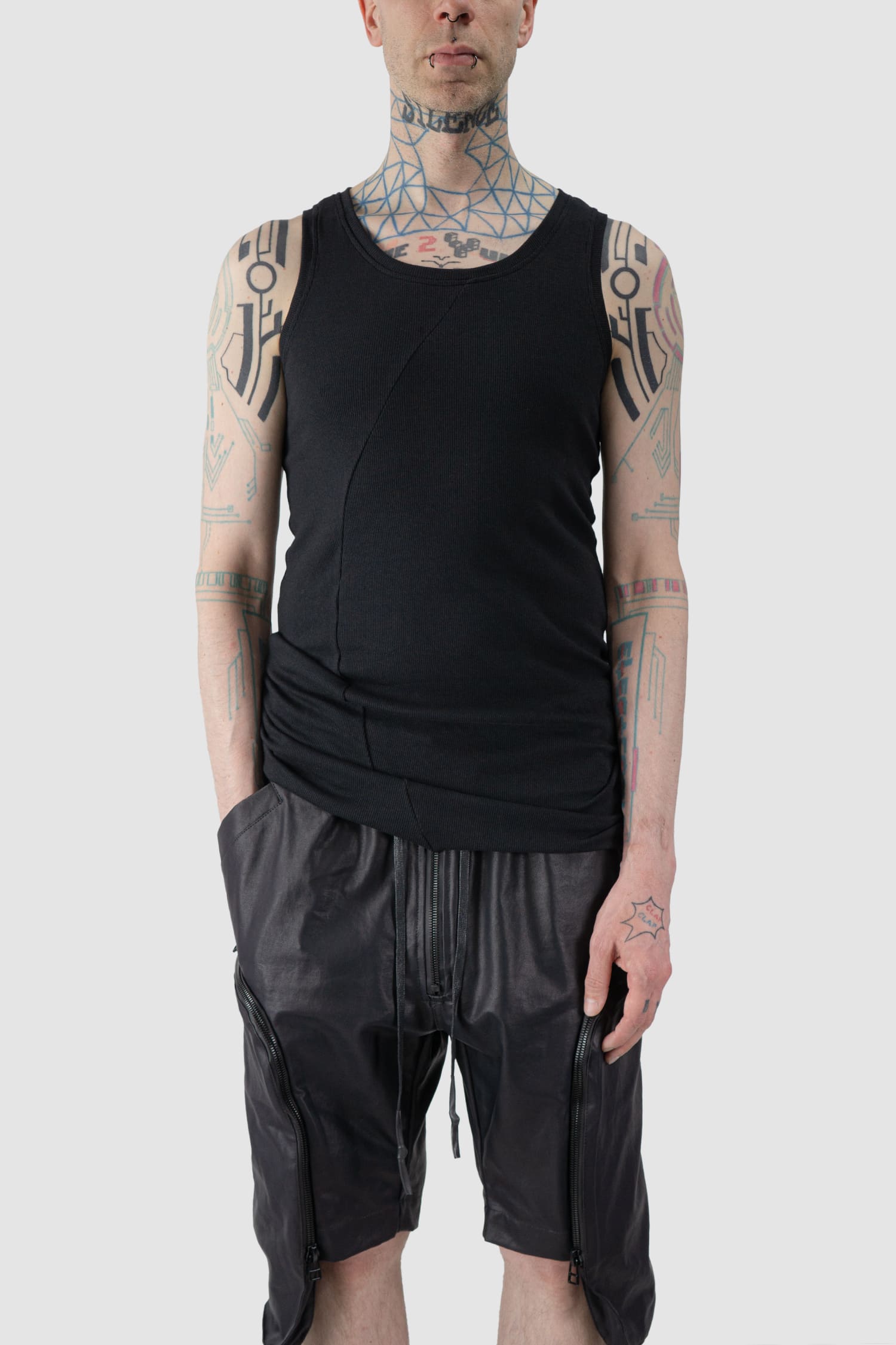 Gall Laboratories by Justin Gall - front relaxed view of black Bamboo and Cotton Fine Rib Slim Fit Tank Top